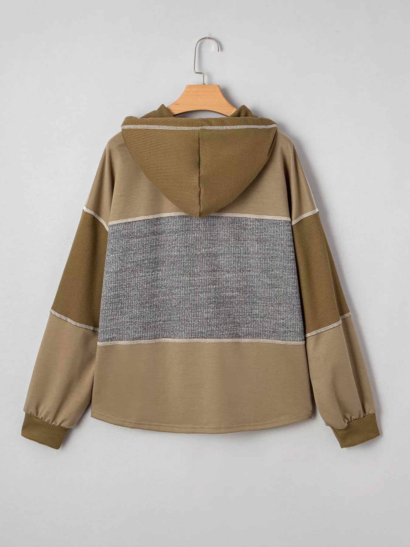 Trendsi Mixed Texture Patchwork Exposed Seam Half Button Hoodie