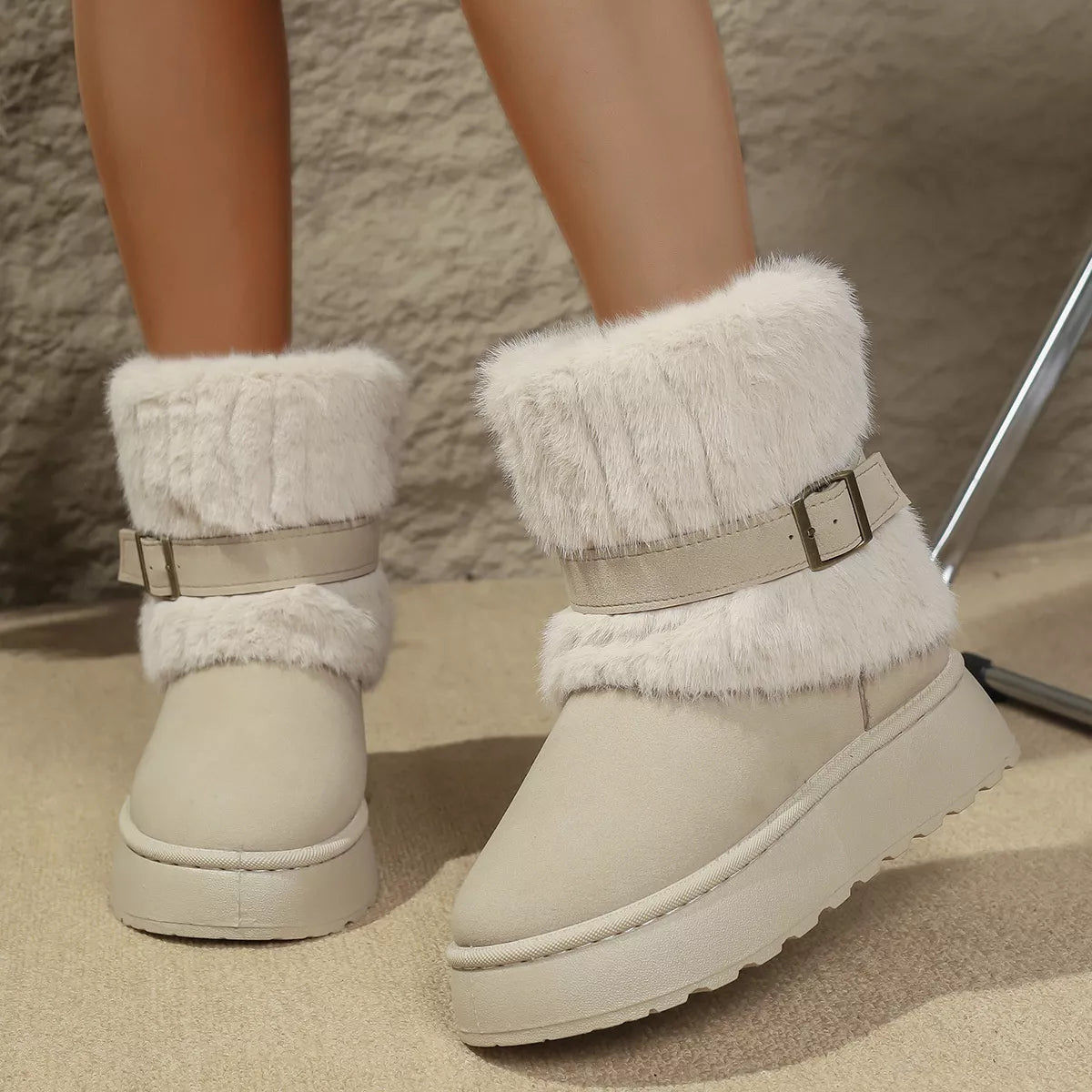 Round Toe Platform Boots Beige Easy Apparels
