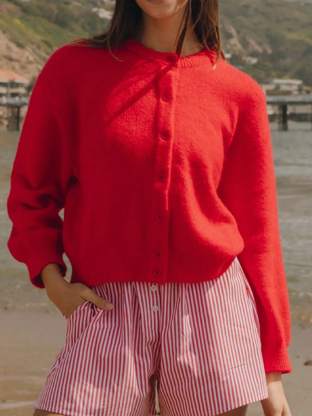 Button Down Long Sleeve Cardigan Deep Red Easy Apparels
