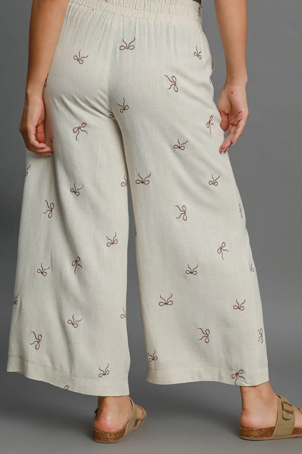 Umgee Full Size Lace Drawstring Embroidered Bow Wide Leg Pants Plus Size Easy Apparels