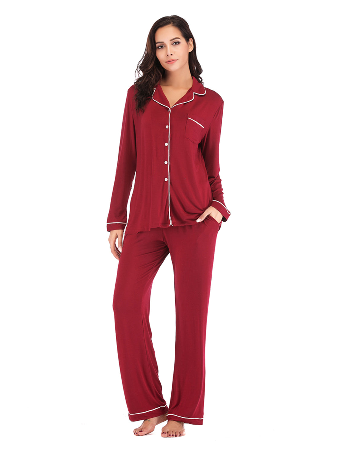 Collared Neck Long Sleeve Loungewear Set with Pockets Easy Apparels