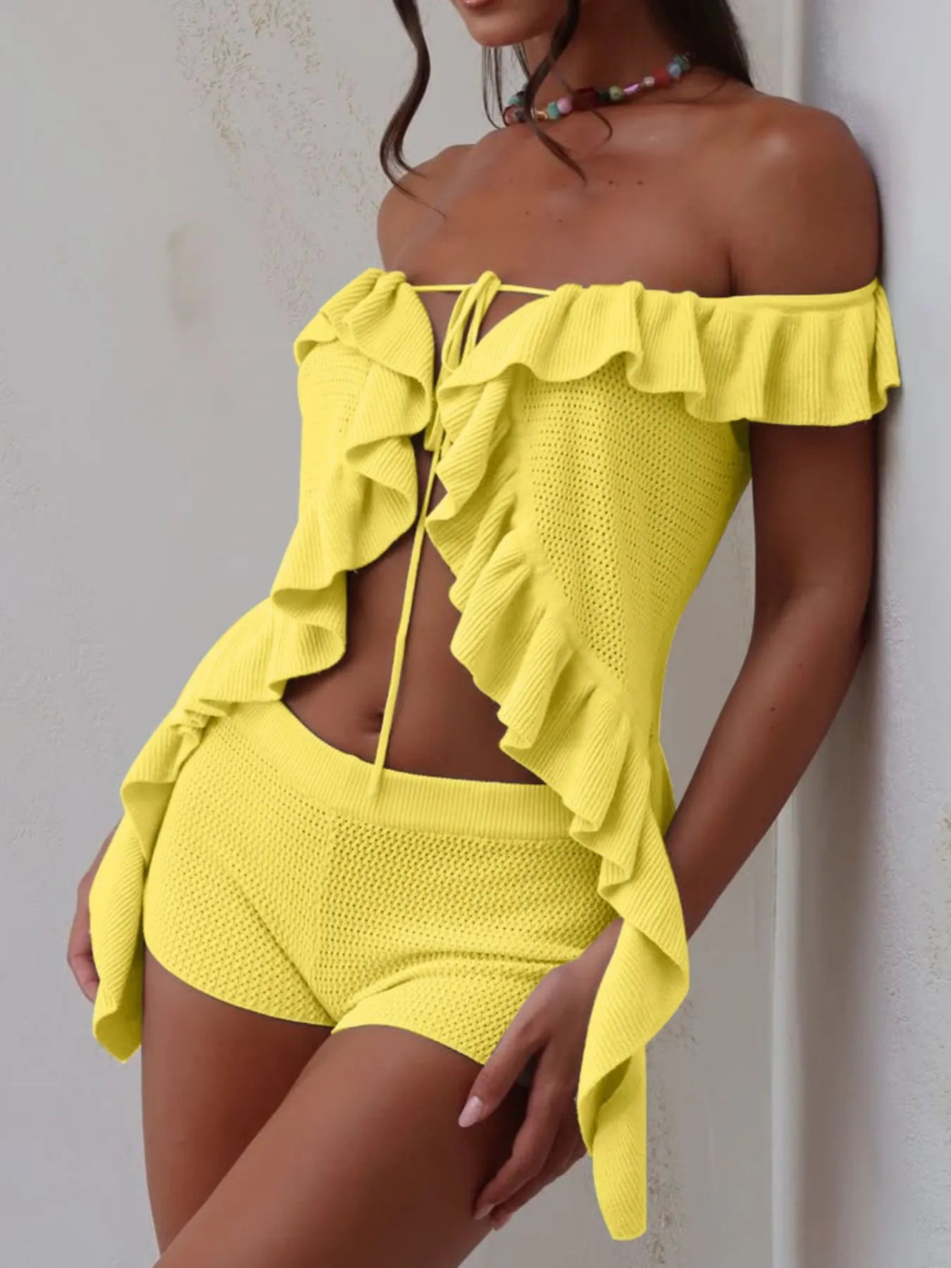 Off-Shoulder Ruffle Top and Shorts Sweater Set Yellow Easy Apparels