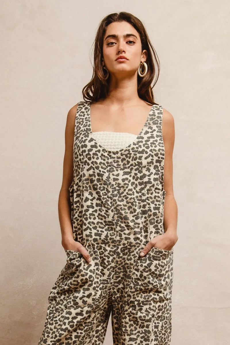 BiBi Leopard Print Adjustable Strap U Neck Jumpsuit Easy Apparels