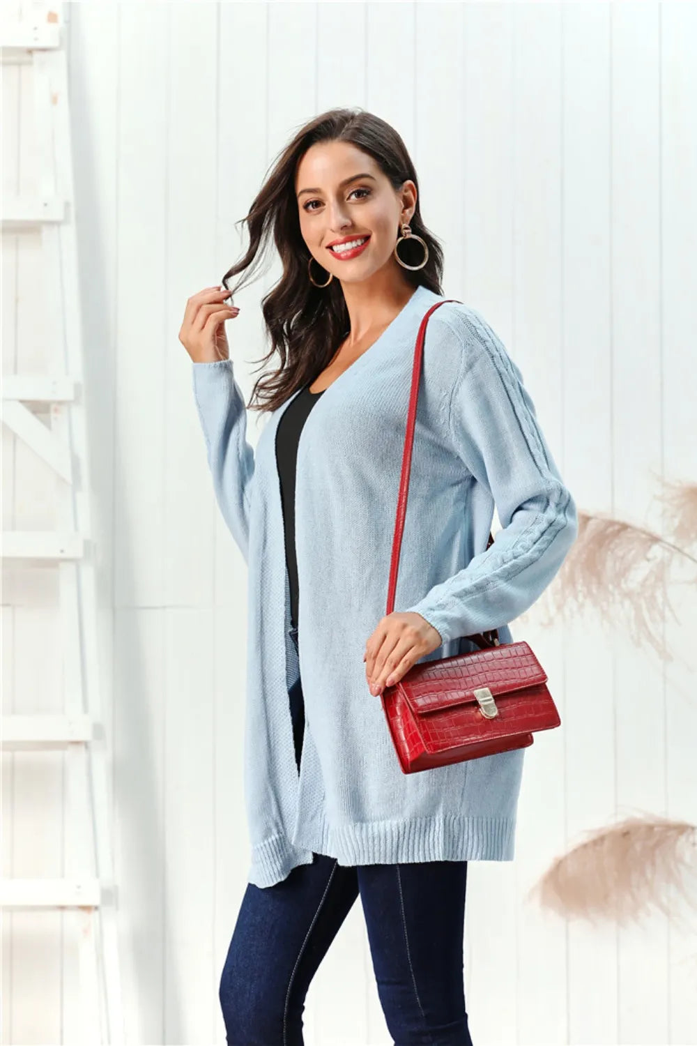 Cable-Knit Open Front Long Sleeve Cardigan Easy Apparels