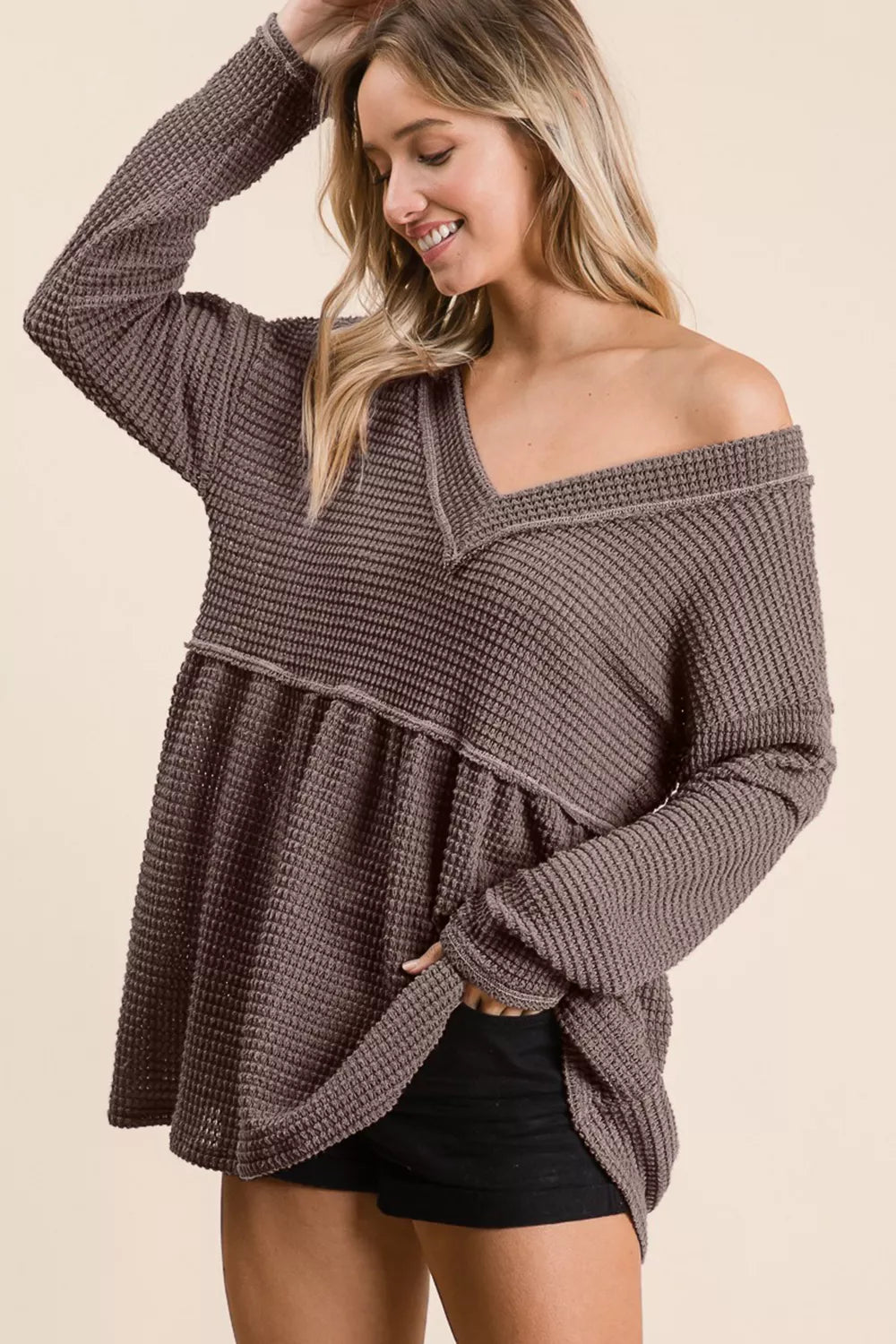 Trendsi BiBi Waffle Knit V-Neck Babydoll Blouse