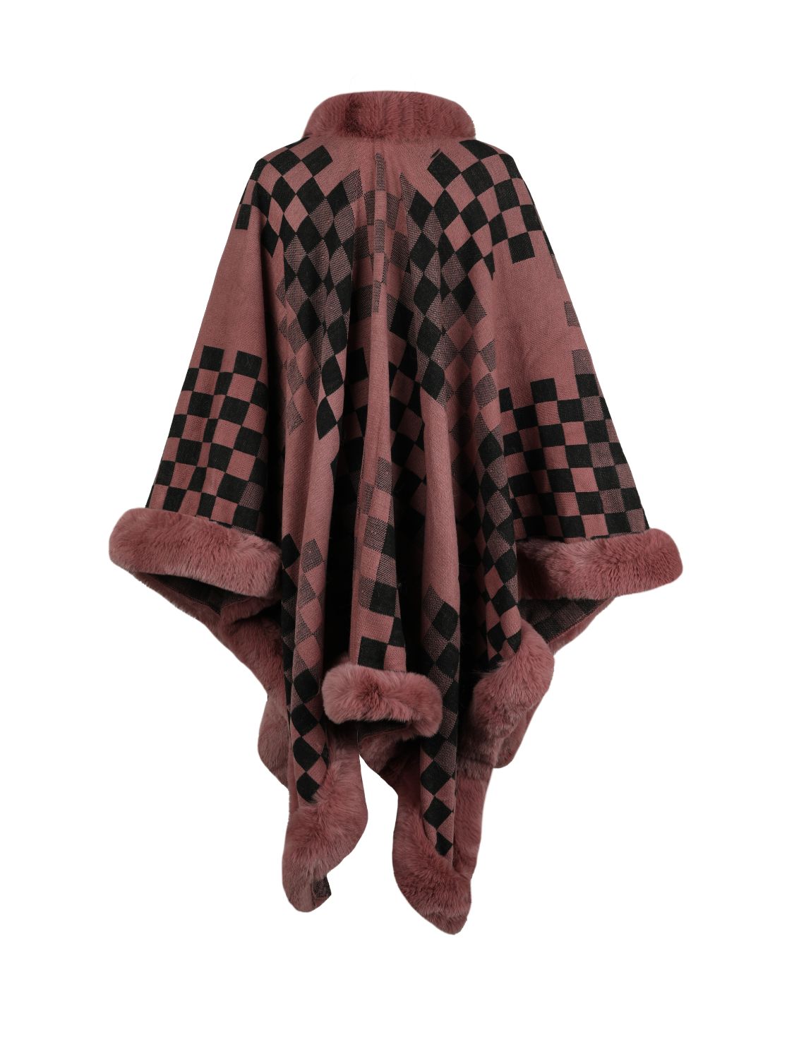 Checkered Faux Fur Trim Poncho Easy Apparels