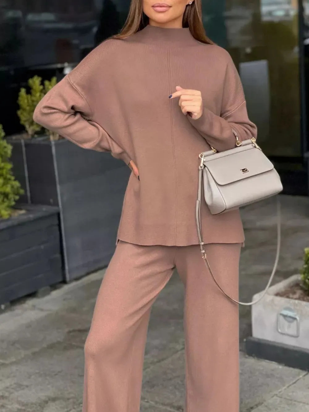 Slit Mock Neck Top and Pants Sweater Set Ochre Easy Apparels
