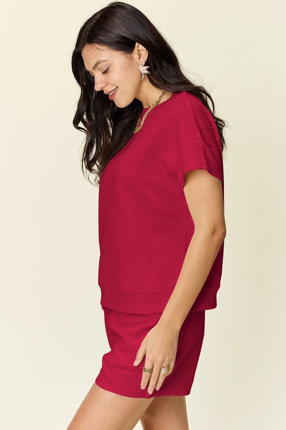 Double Take Full Size Texture Short Sleeve T-Shirt and Drawstring Shorts Set Easy Apparels