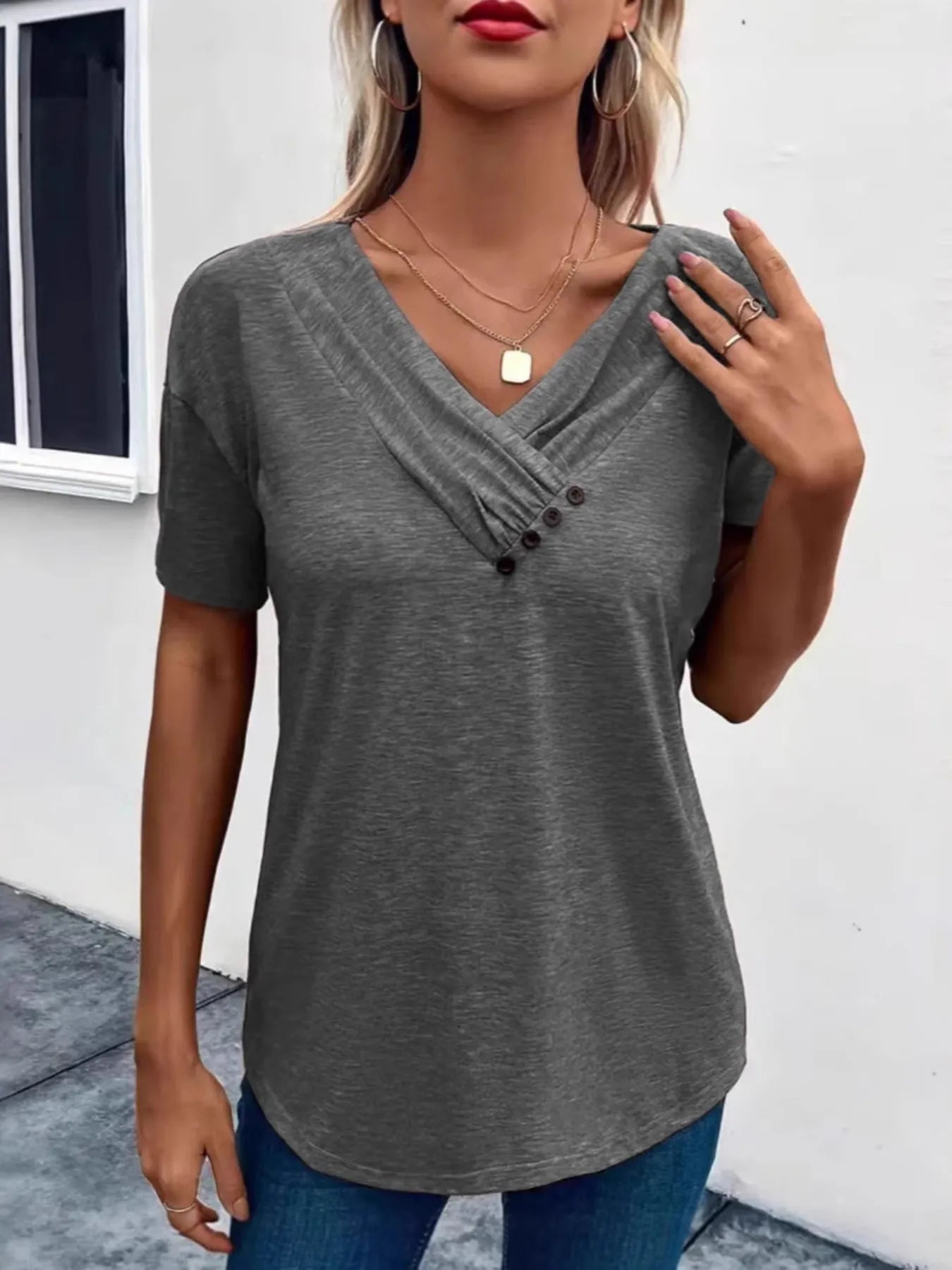 Trendsi Short Sleeve V-Neck Ruched T-Shirt