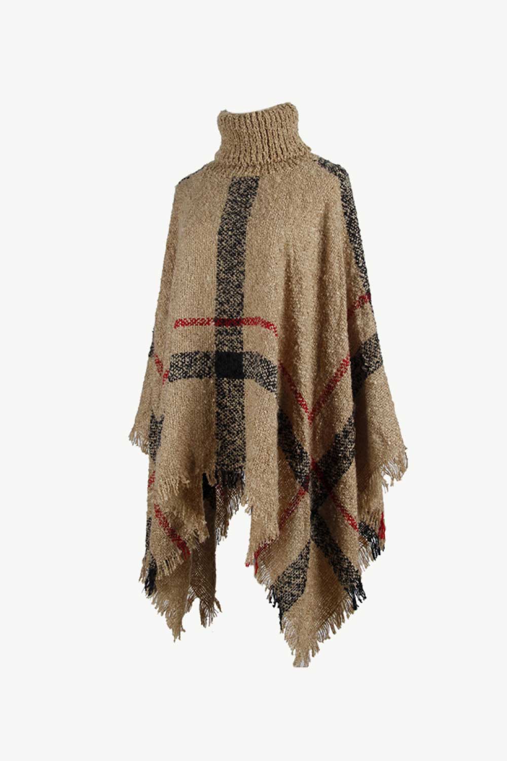 Plaid Turtleneck Raw Hem Poncho Easy Apparels