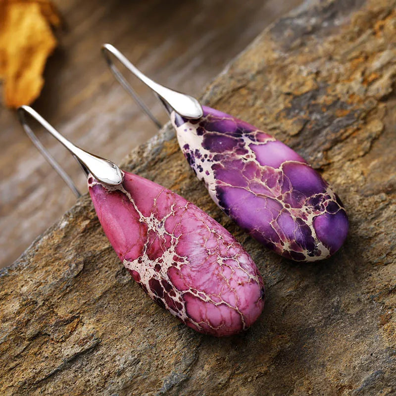 Teardrop Shape Natural Stone Dangle Earrings Lavender Silver One Size Easy Apparels
