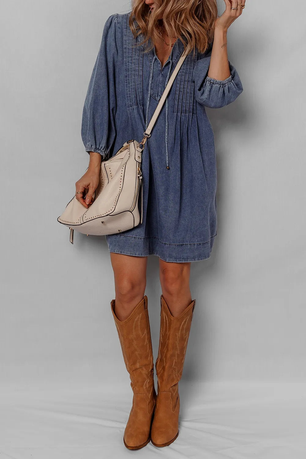 Tie Neck Long Sleeve Mini Denim Dress Easy Apparels