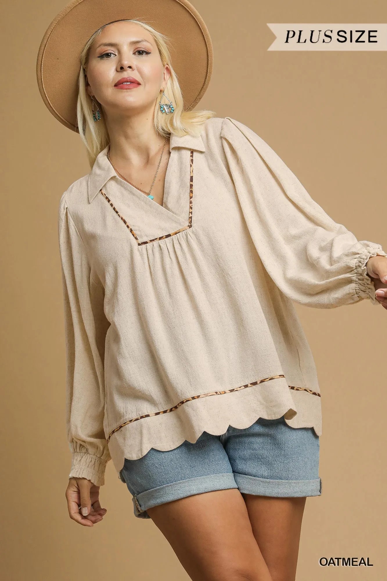 Umgee Full Size Linen Scallop Hem Blouse with Contrast Trim Plus Size Easy Apparels