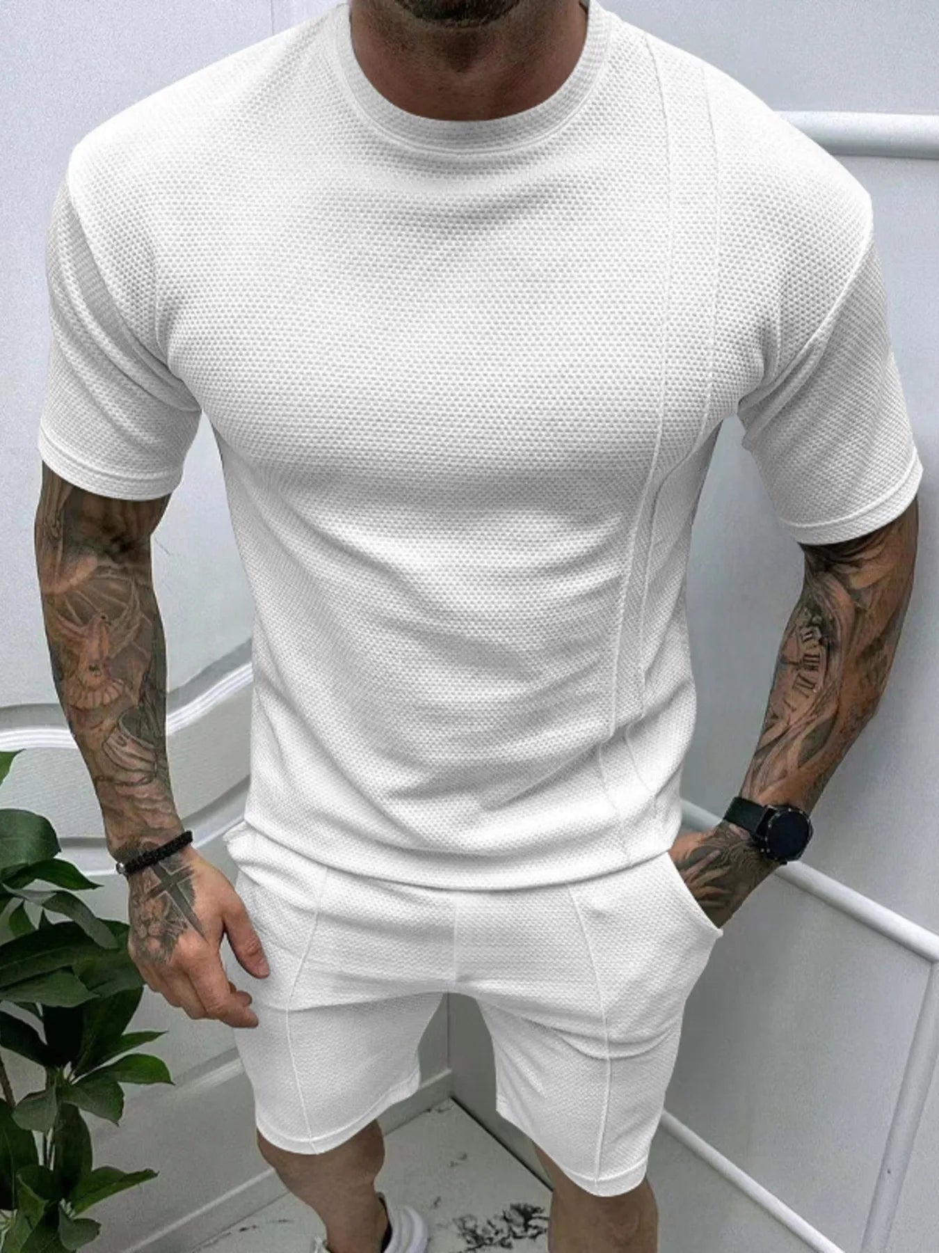 Men's Full Size Round Neck Tee and Shorts Set Plus Size White Easy Apparels