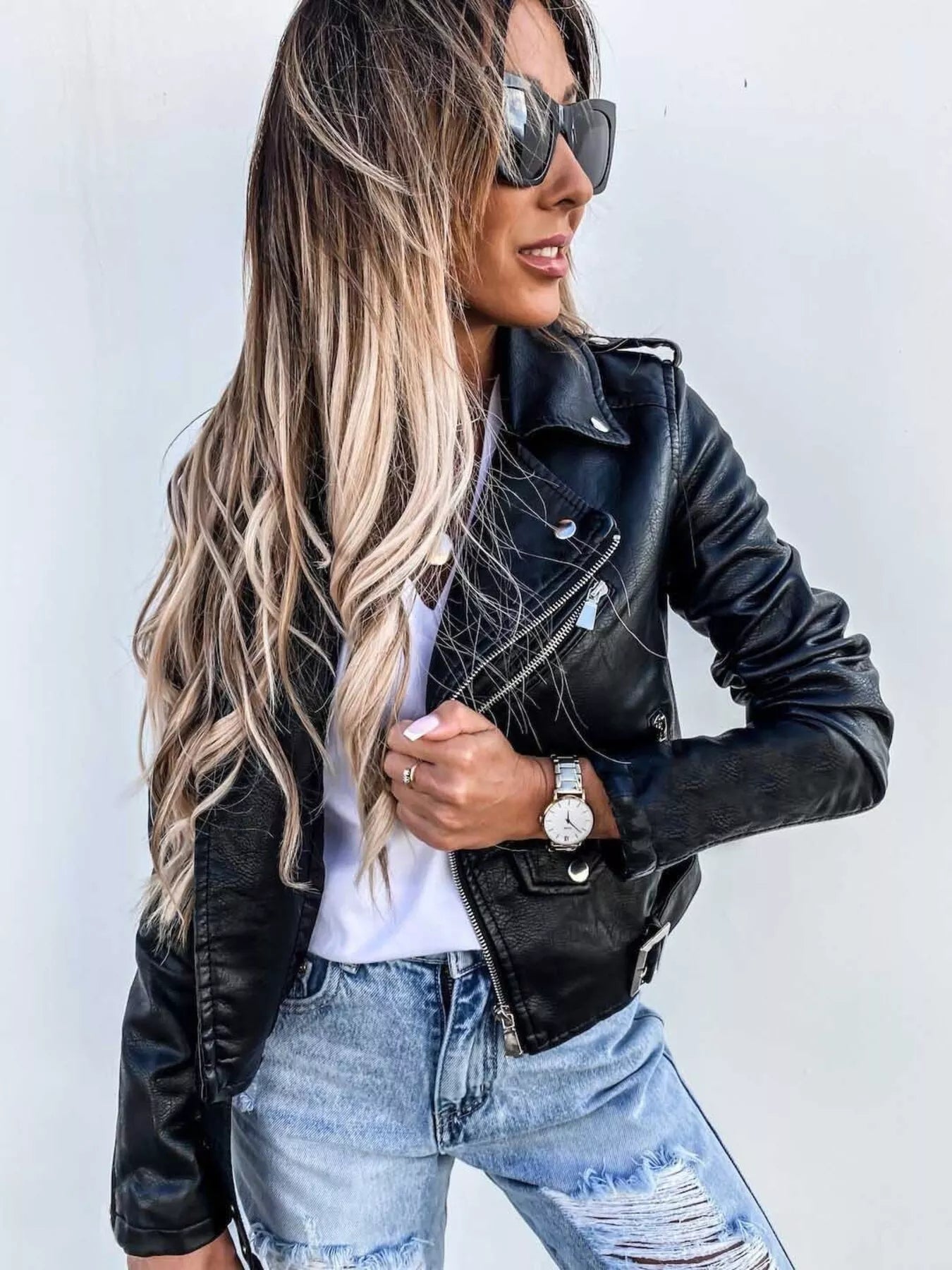 Full Size Zip Up Leather Motorcycle Biker Jacket Plus Size Easy Apparels