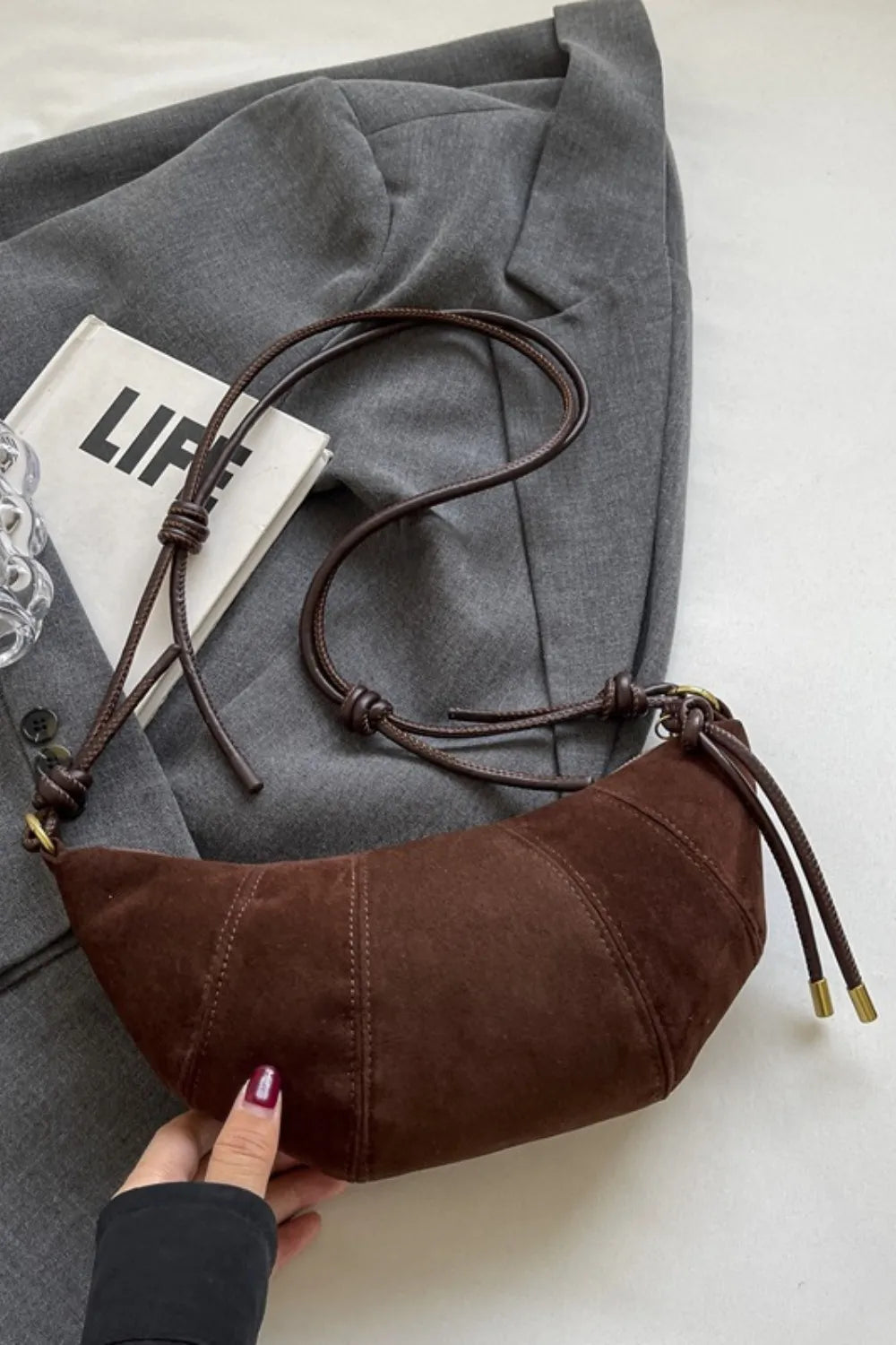 PU Leather Strap Suede Shoulder Bag Brown One Size Easy Apparels