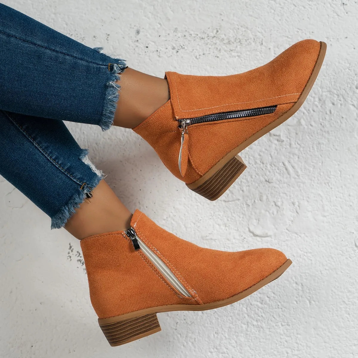 Side Zip Ankle Boots with Block Heel Orange-red Easy Apparels