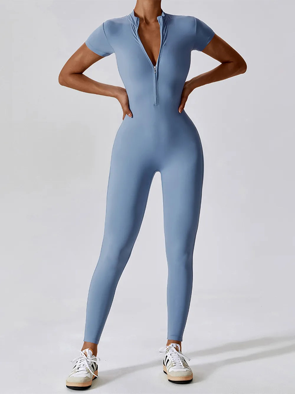 Basic Bae Half Zip Short Sleeve Active Jumpsuit Light Blue Easy Apparels