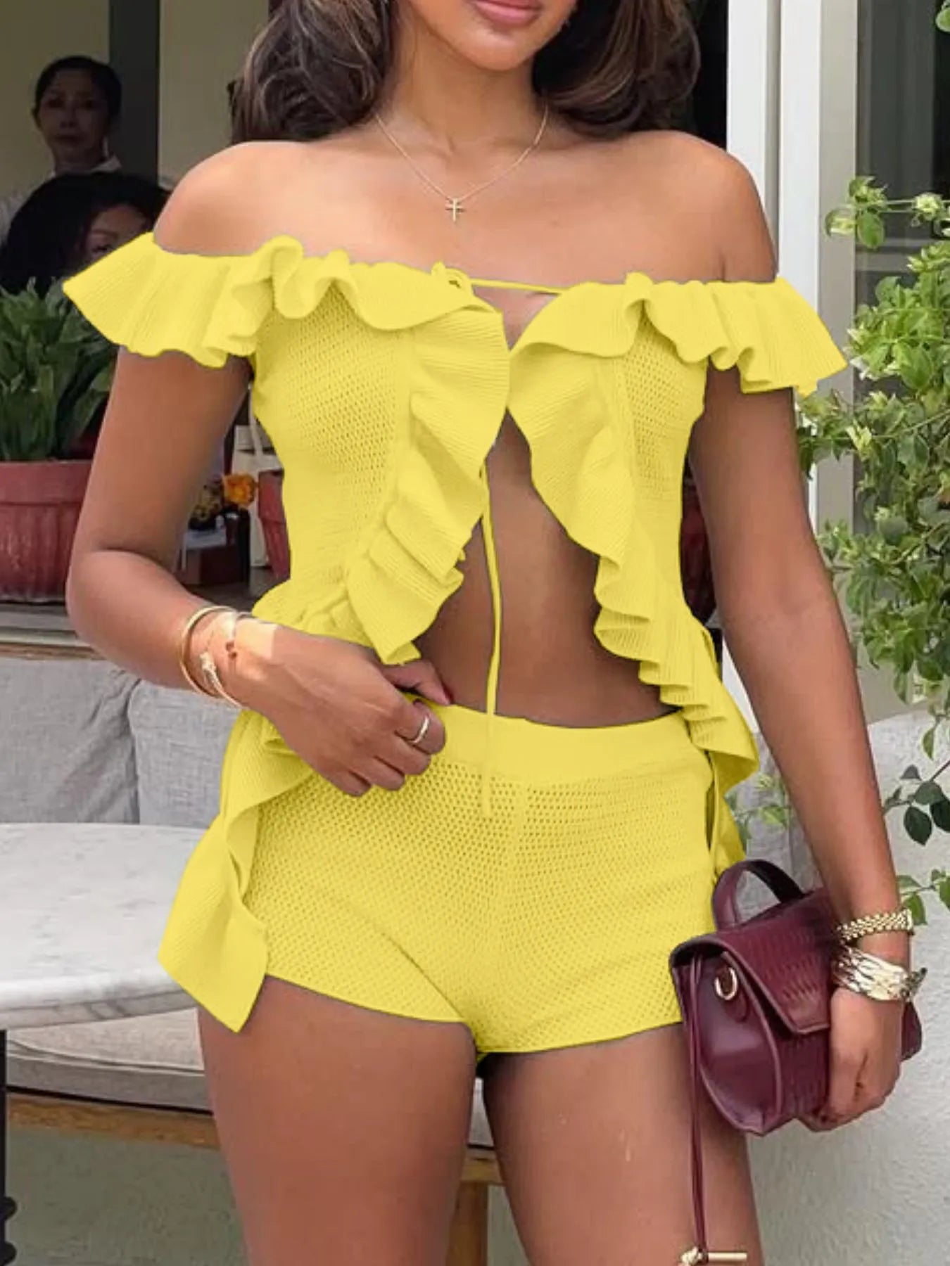 Off-Shoulder Ruffle Top and Shorts Sweater Set Easy Apparels