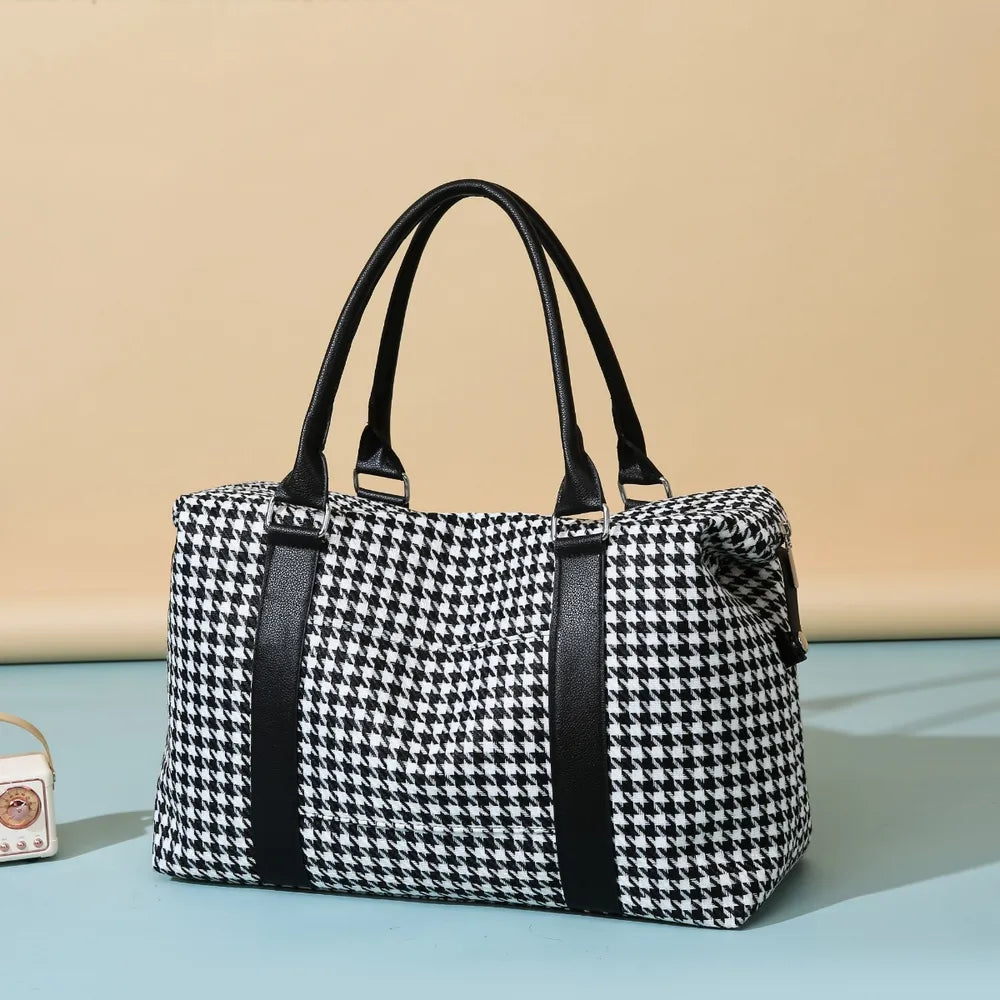 Houndstooth Canvas Travel Bag Black One Size Easy Apparels