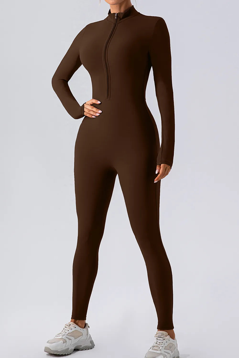 Half Zip Mock Neck Active Jumpsuit Chocolate Easy Apparels