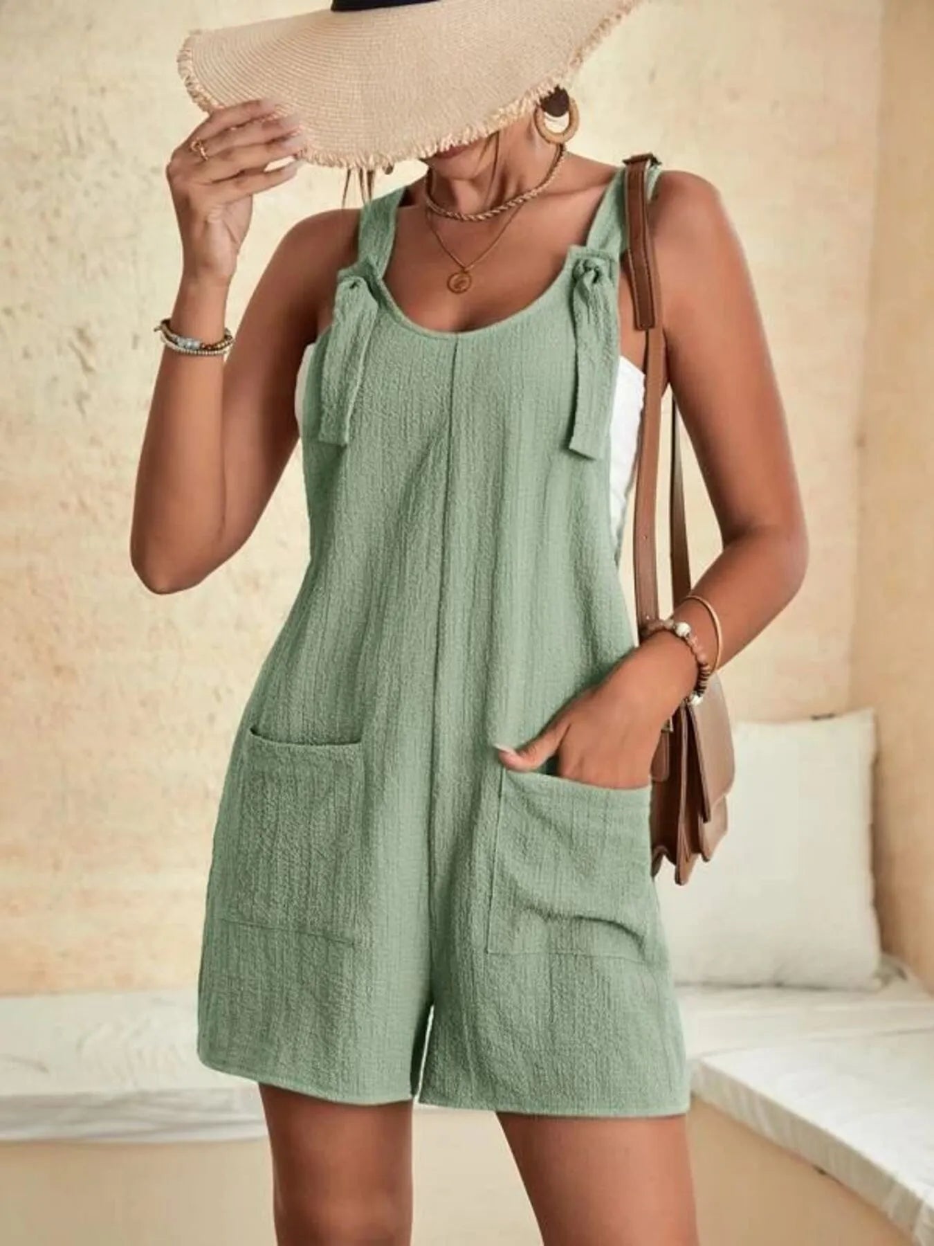 Full Size Knot Strap Romper with Pockets Plus Size Easy Apparels