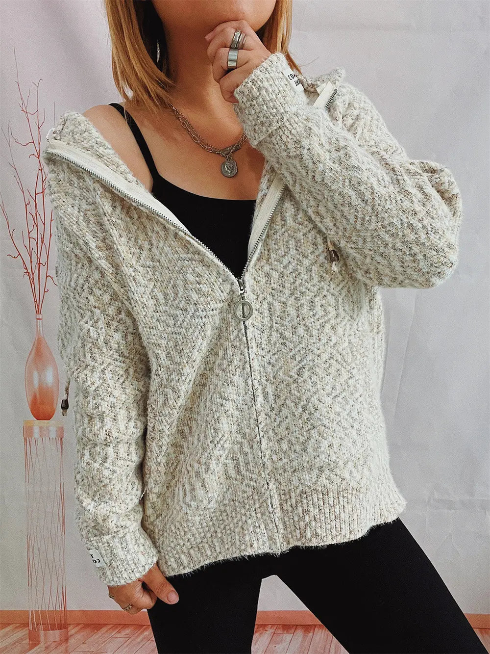 Zip Up Drawstring Long Sleeve Hooded Sweater Easy Apparels