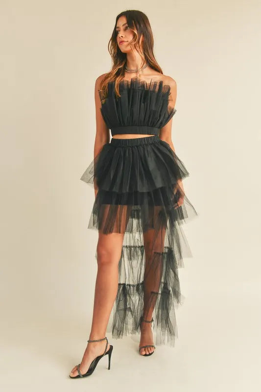 MABLE Tulle Tube Ruffle Crop Top and High Low Maxi Skirt Set Easy Apparels