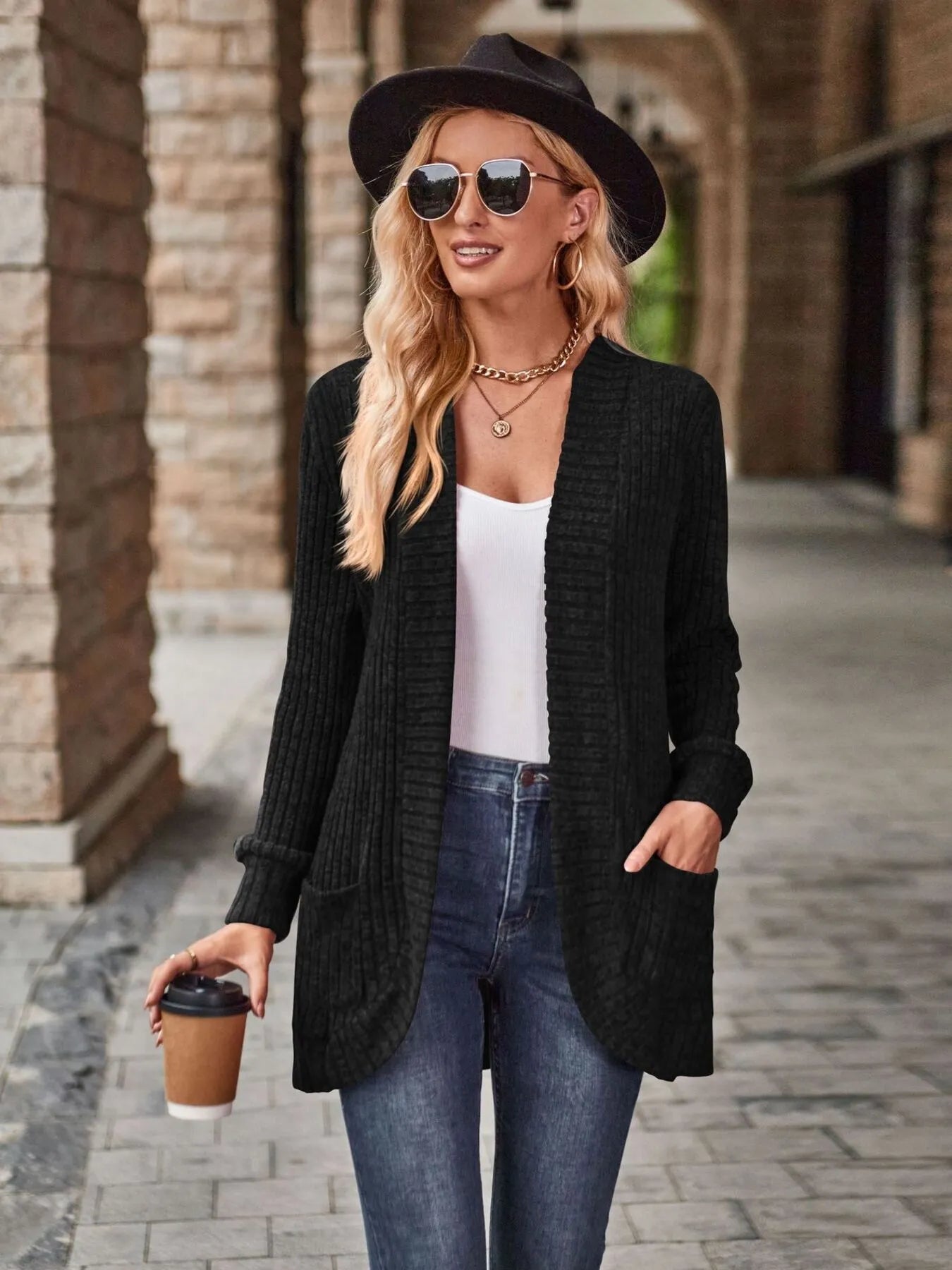 Ribbed Open Front Long Cardigan with Pockets Easy Apparels