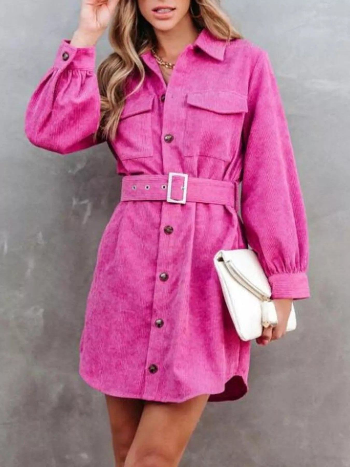 Button Front Belt Long Sleeve Corduroy Dress Rose Red Easy Apparels