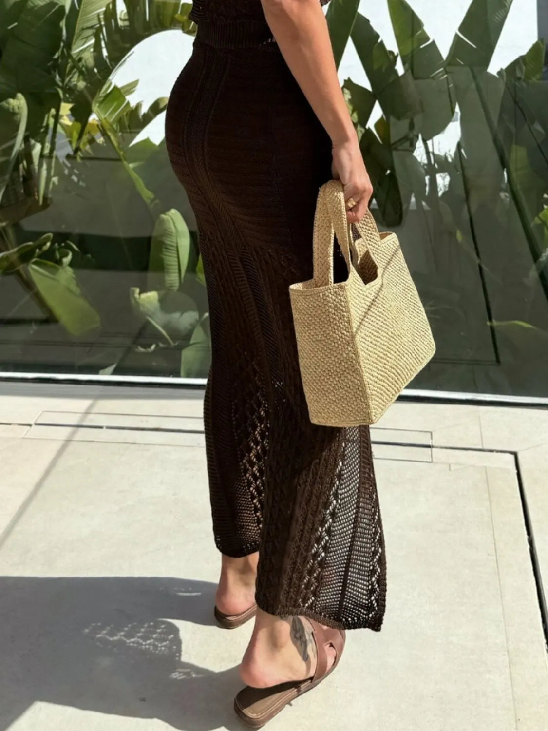 Openwork Round Neck Top and Slit Skirt Sweater Set Easy Apparels
