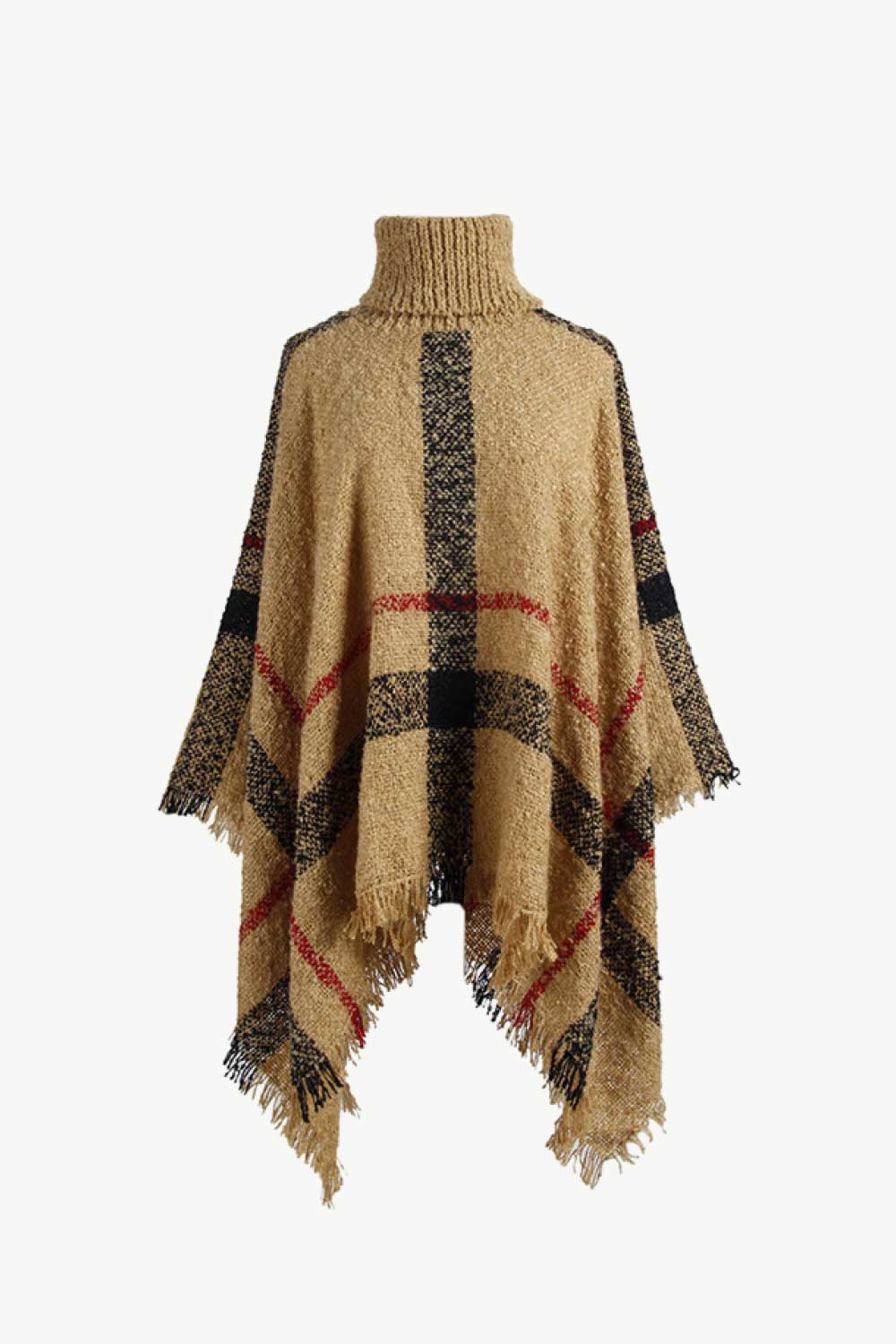 Plaid Turtleneck Raw Hem Poncho Camel One Size Easy Apparels