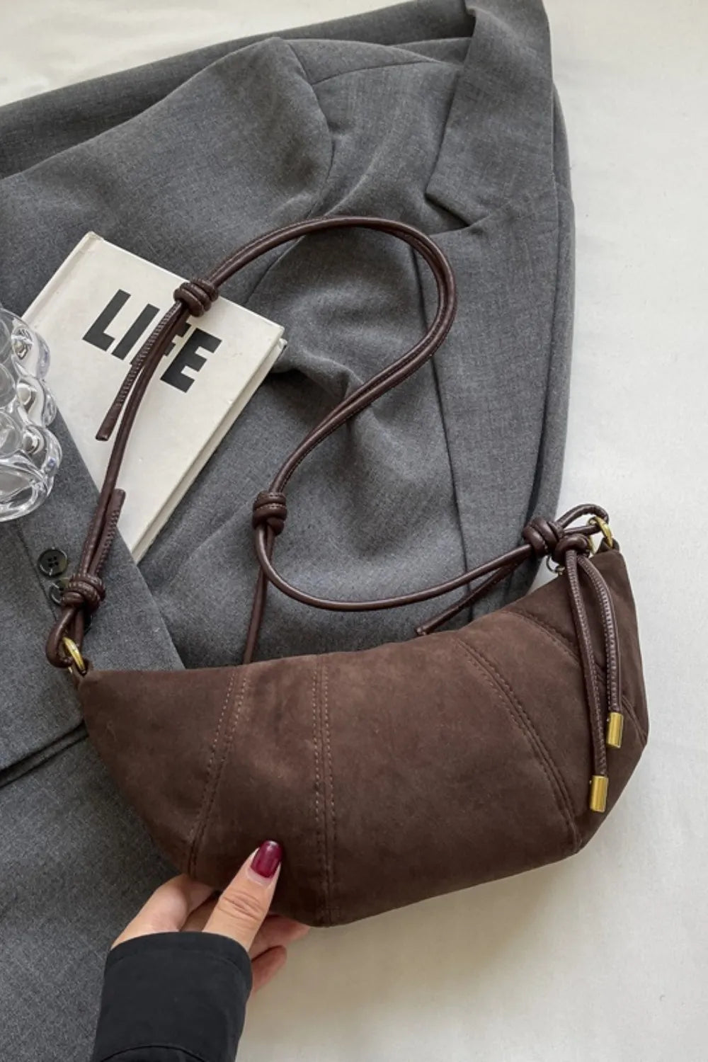 PU Leather Strap Suede Shoulder Bag Coffee Brown One Size Easy Apparels