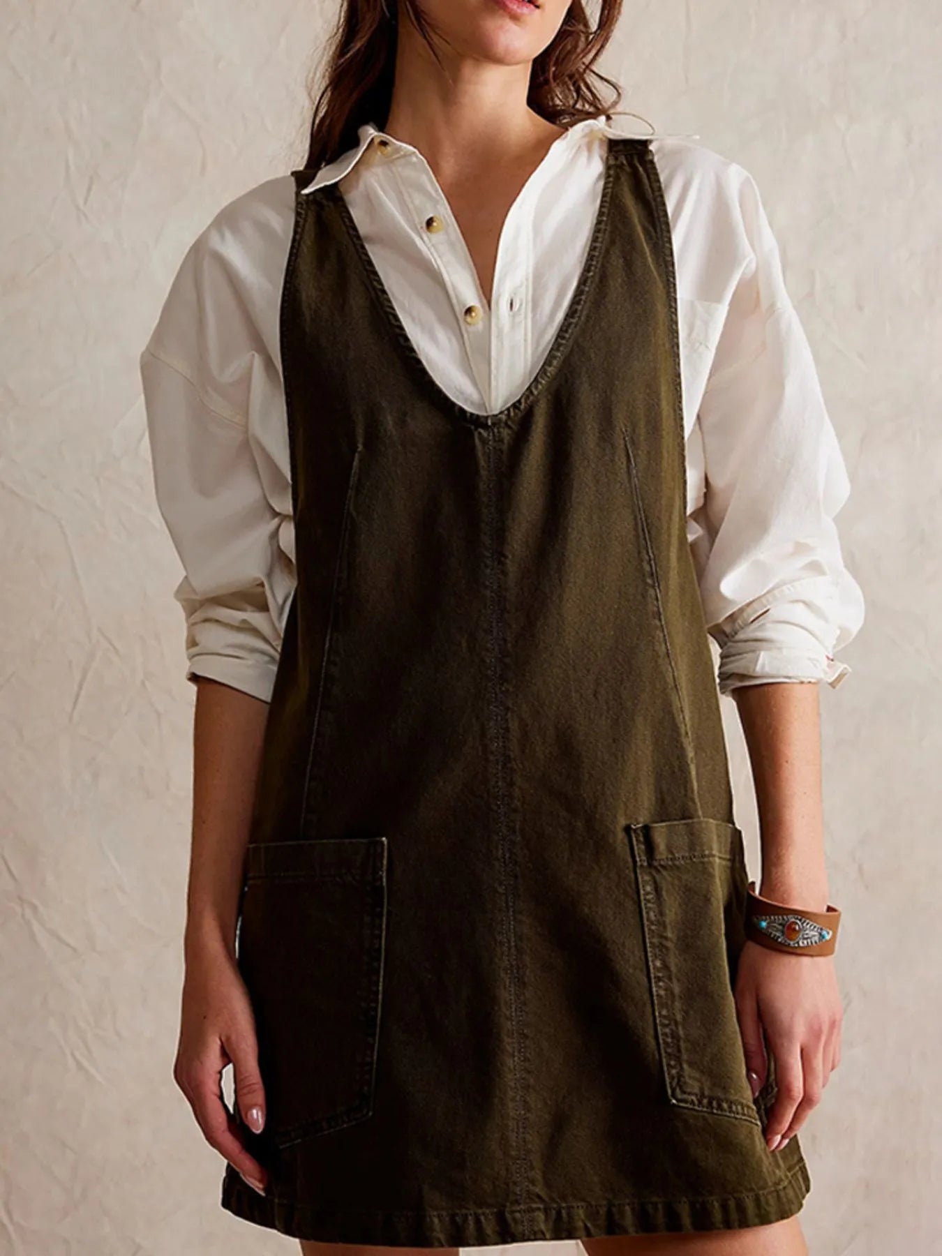 Oversized V-Neck Denim Tank Dress with Front Pockets Army Green Easy Apparels