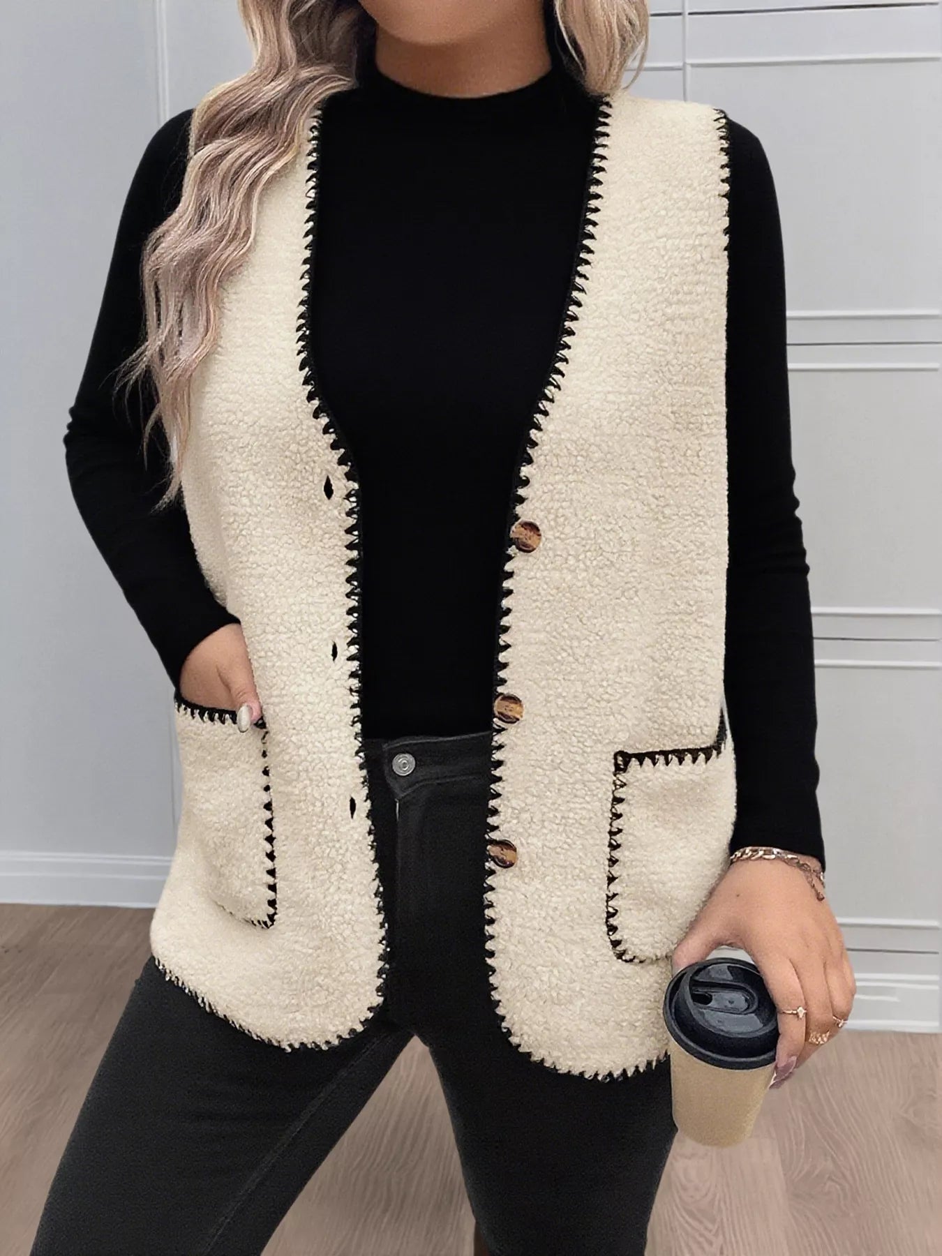Plus Size Contrast Trim Button Up Vest Coat Easy Apparels