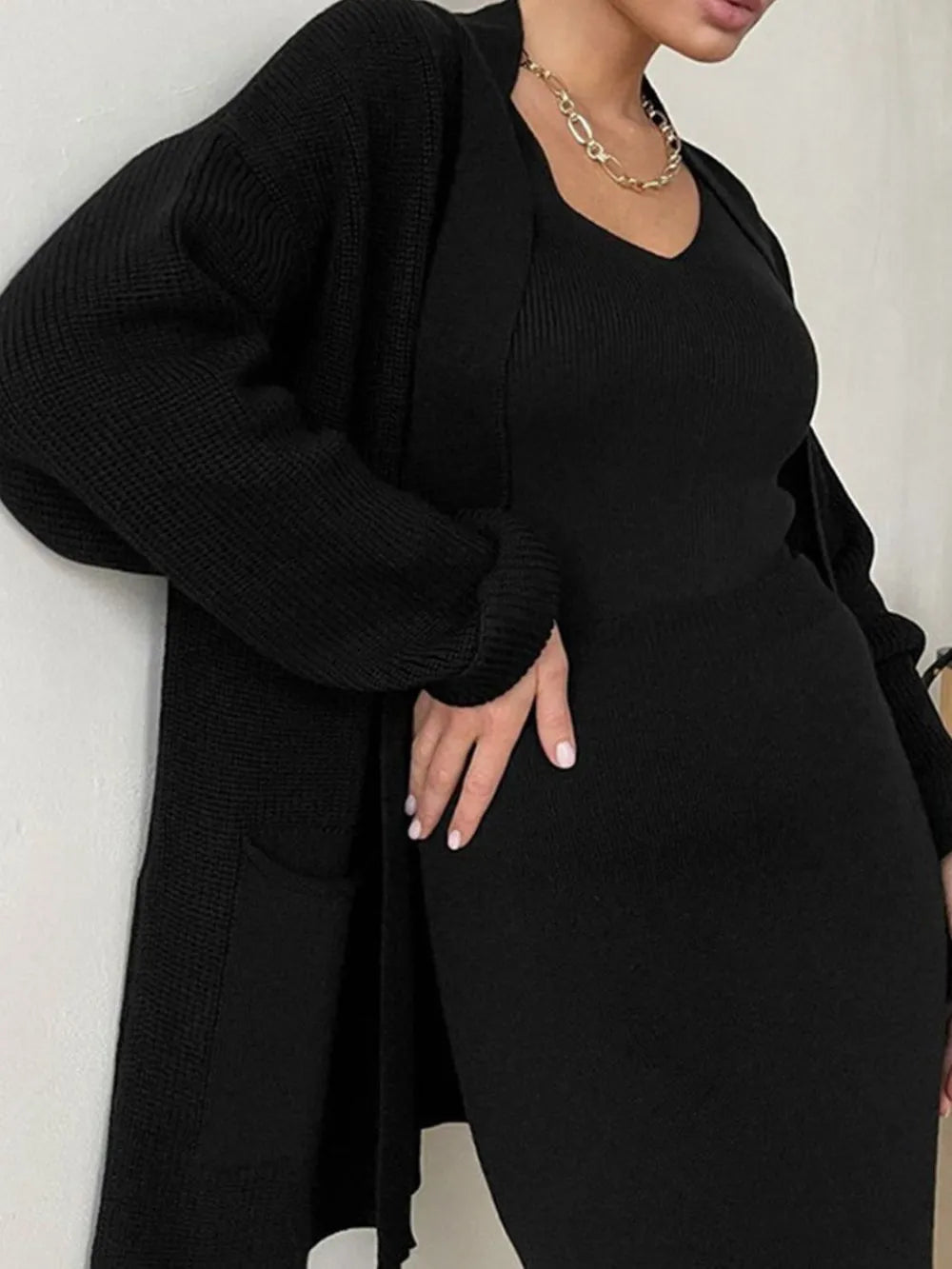 Pocketed Long Sleeve Cardigan and Skirt Sweater Set Black One Size Easy Apparels