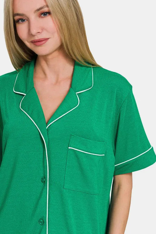 Zenana Button Down Short Sleeve Top and Shorts Lounge Set Easy Apparels