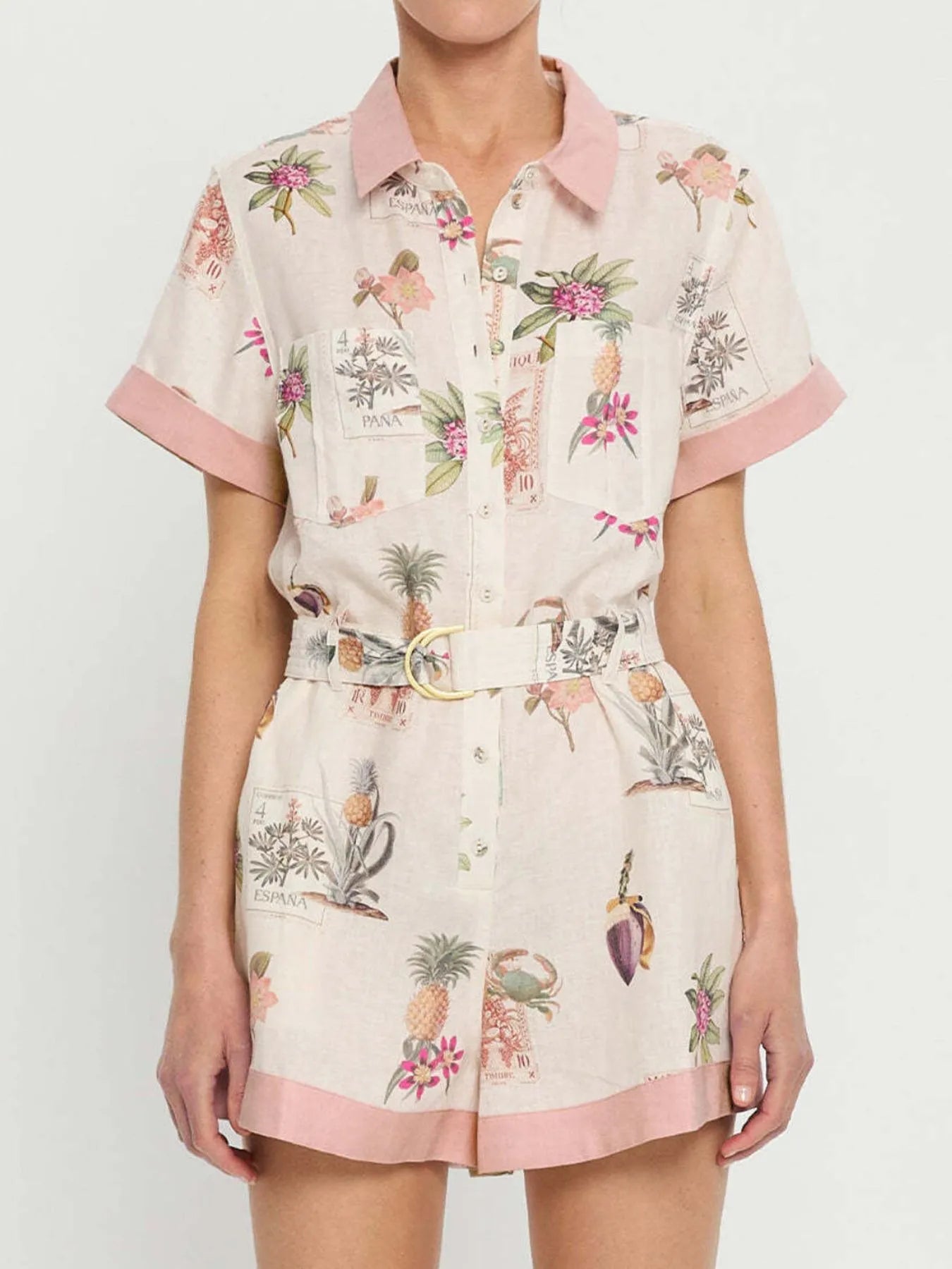 Printed Short Sleeve Romper with Belt Easy Apparels