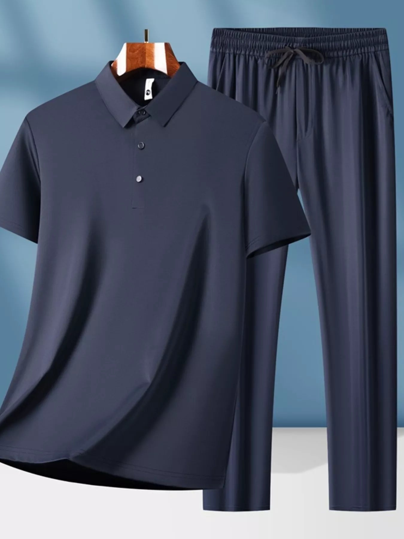 Men's Plus Size Button Detail Short Sleeve Top and Pants Set Dark Blue Easy Apparels