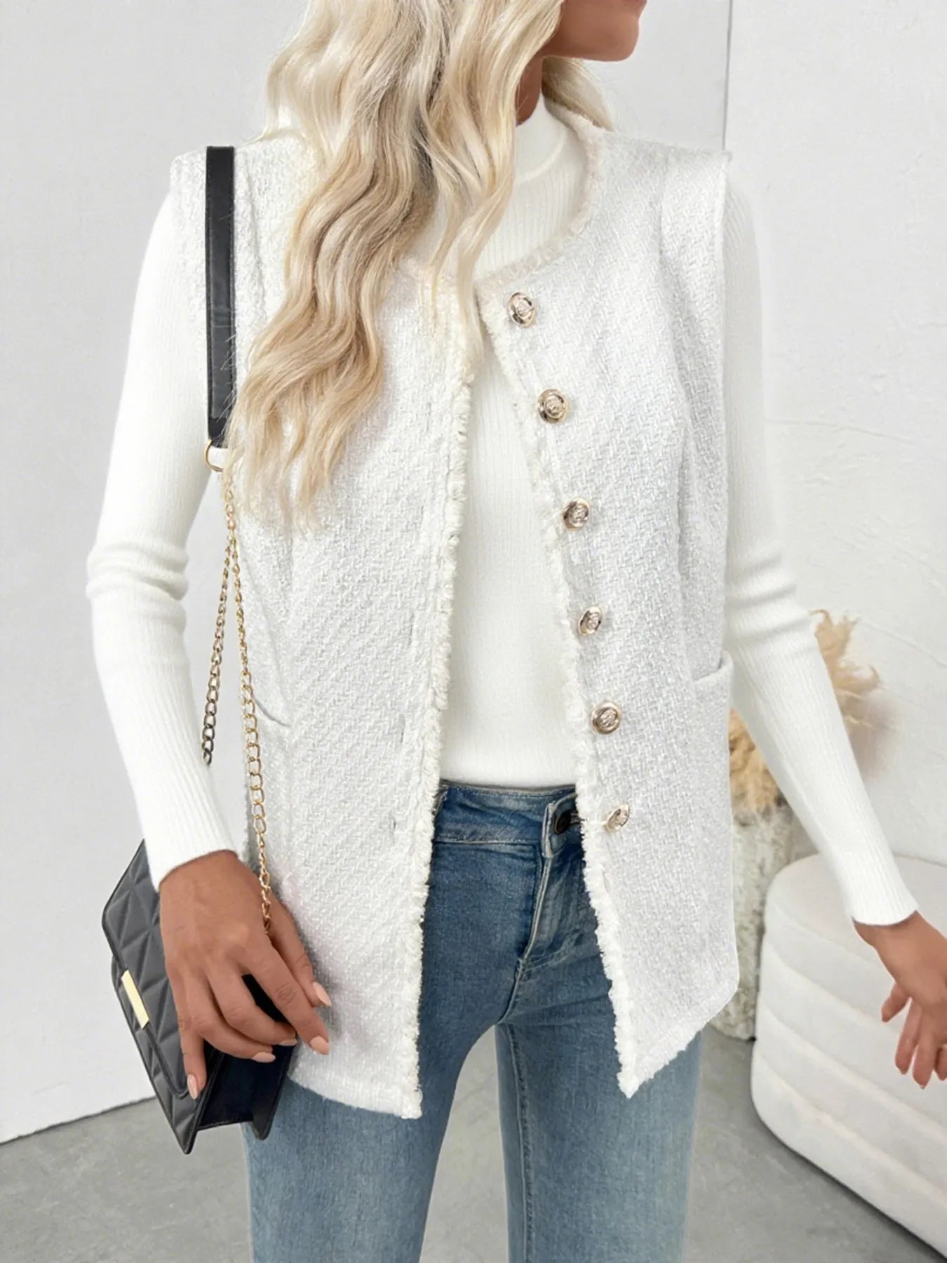 Textured Button-Front Vest with Raw Edge Easy Apparels
