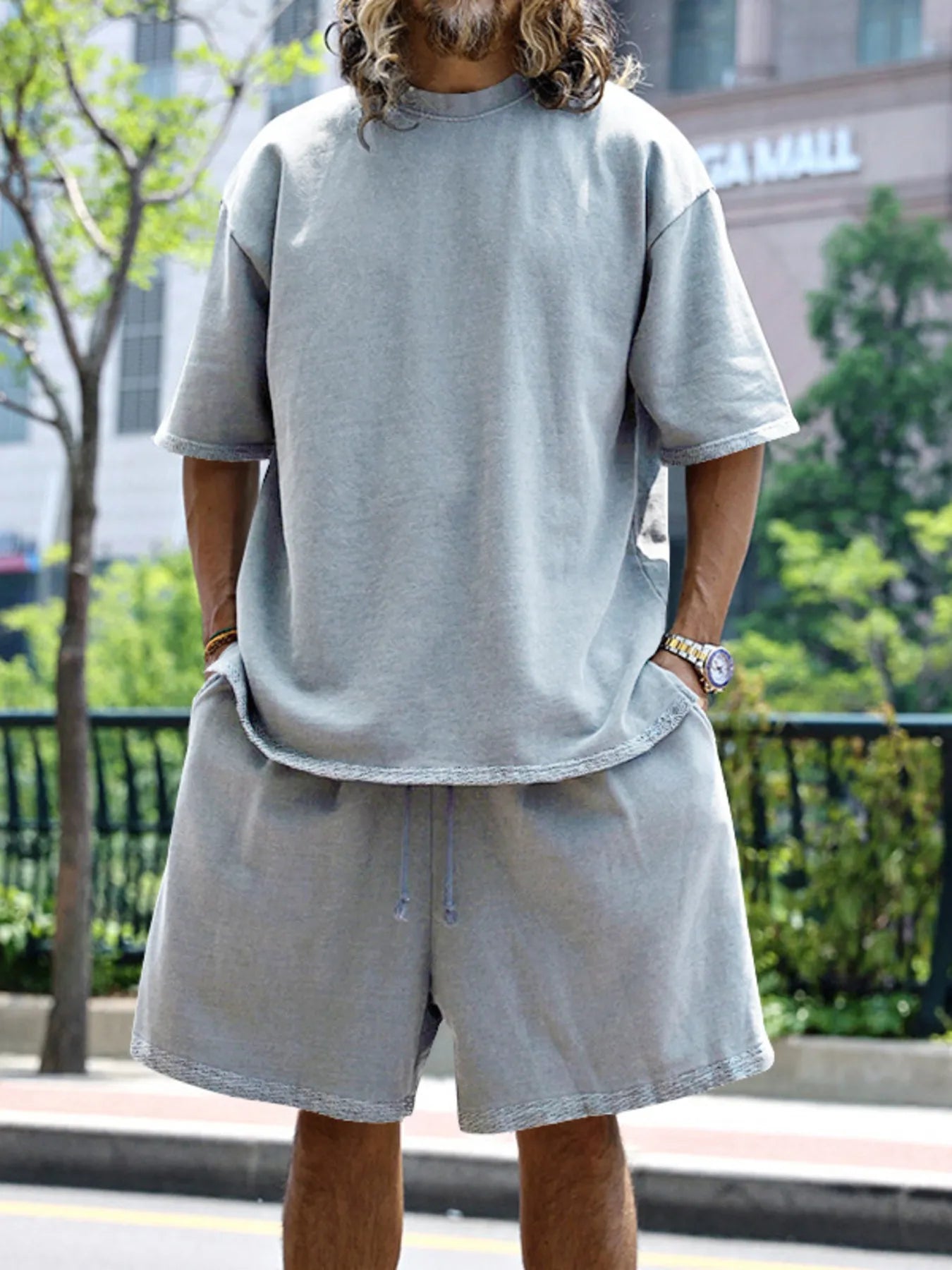 Men's Full Size Round Neck Short Sleeve Top and Shorts Set Plus Size Light Gray Easy Apparels