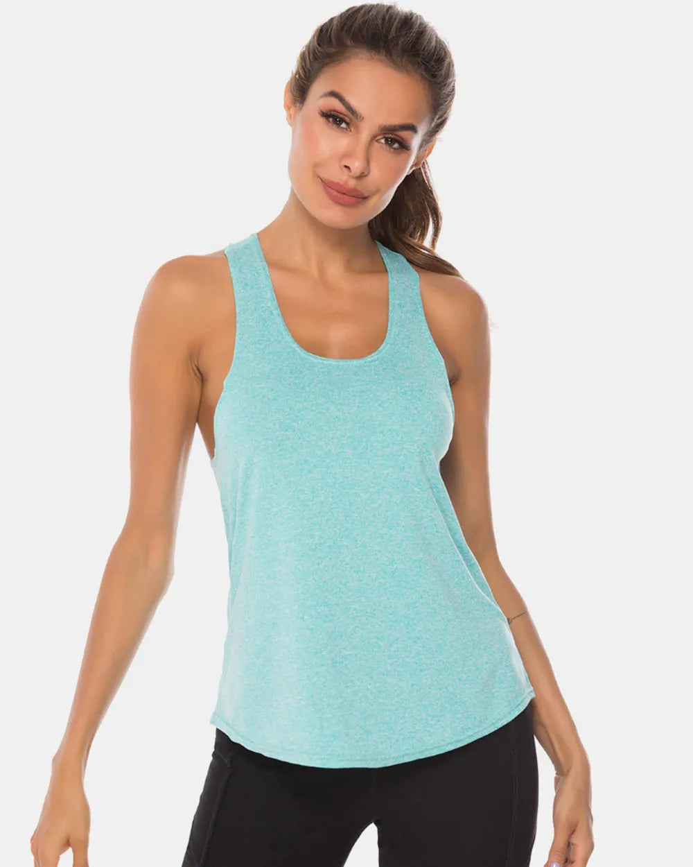 Full Size Scoop Neck Wide Strap Active Tank Aqua Easy Apparels