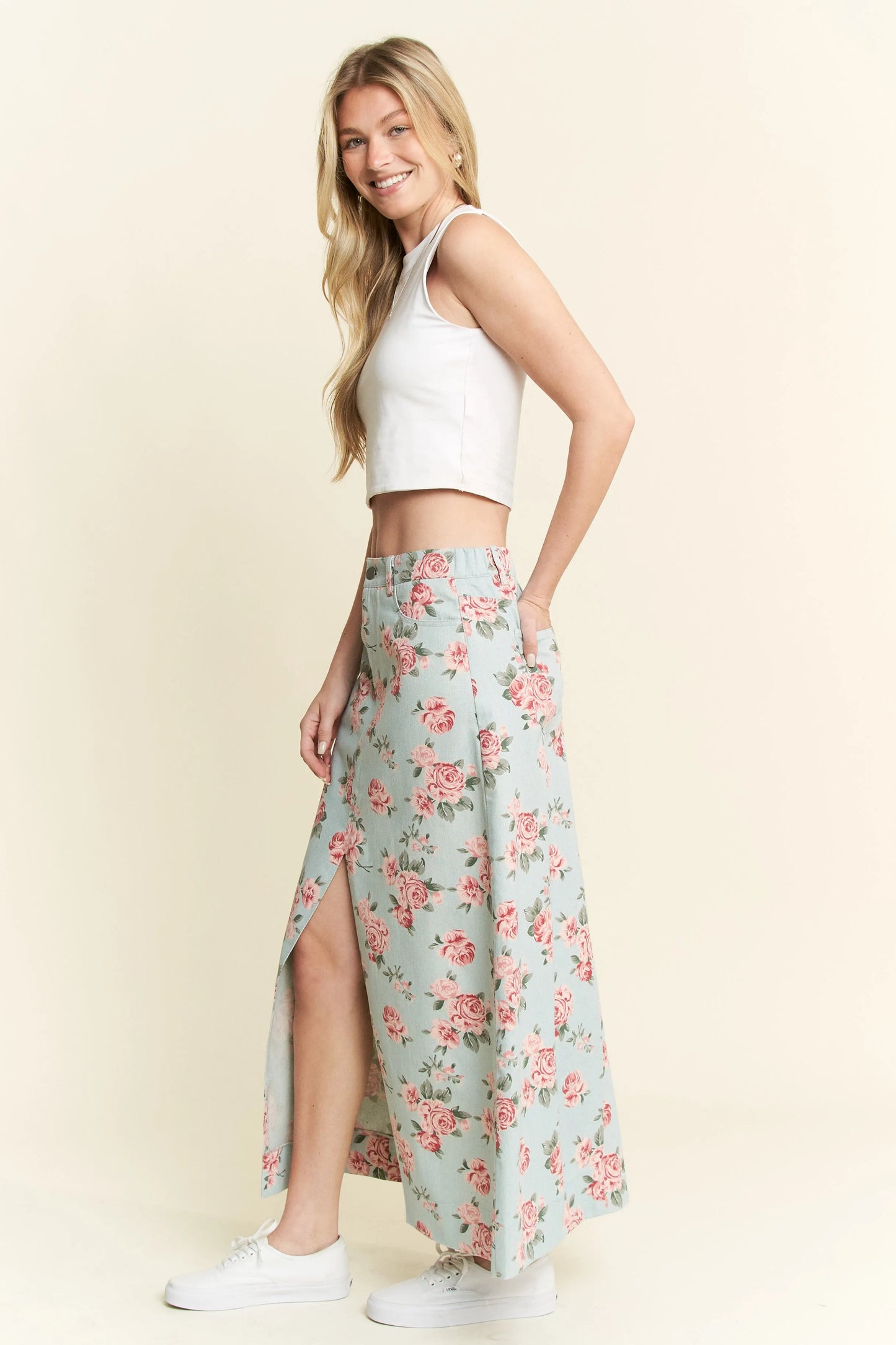 Jade By Jane Full Size Floral Print Front Slit Denim Maxi Skirt Plus Size Easy Apparels