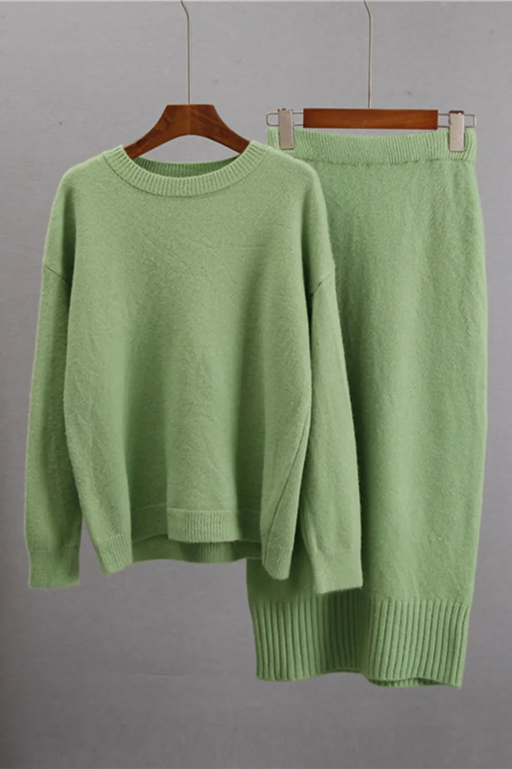Round Neck Dropped Shoulder Top and Skirt Sweater Set Easy Apparels