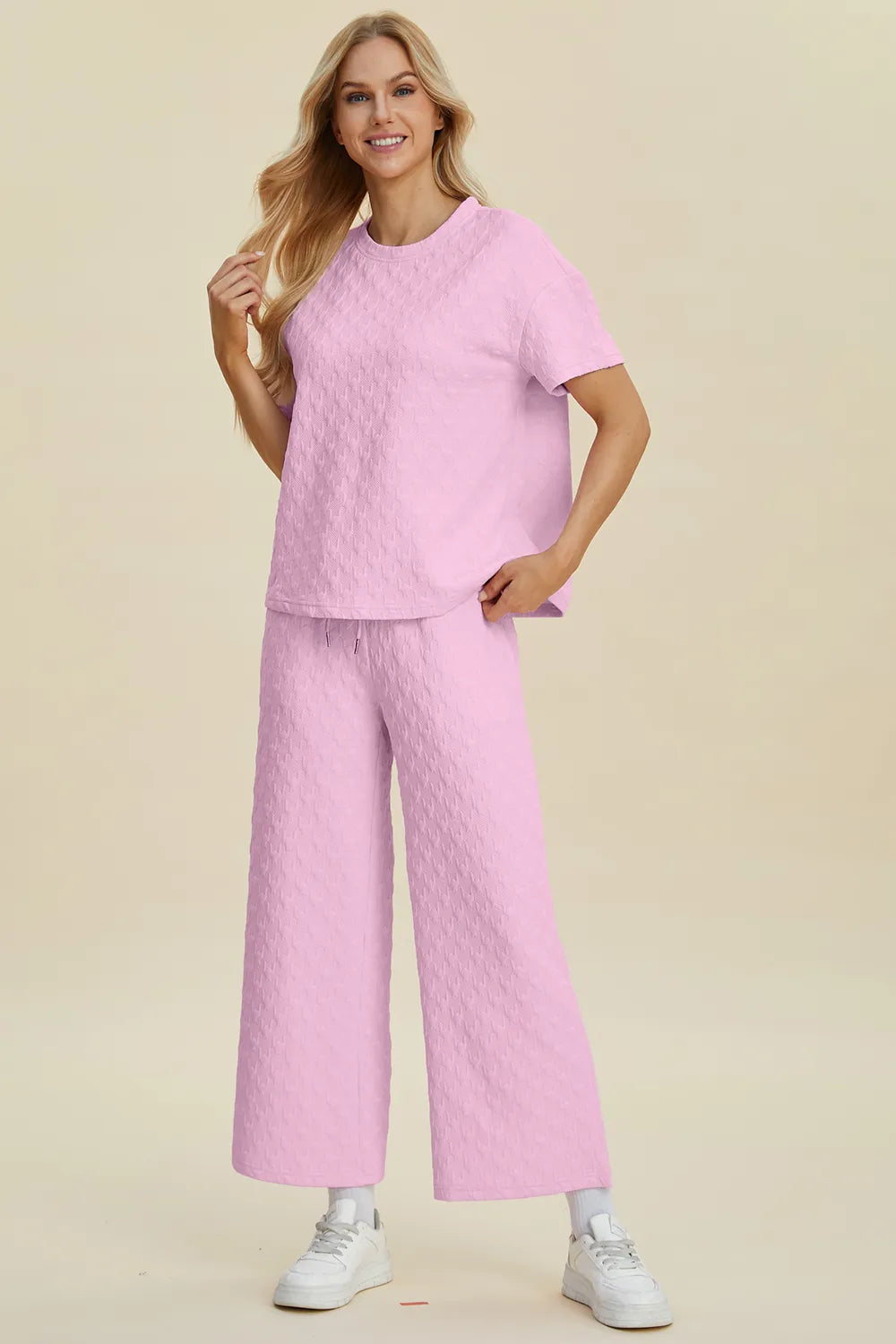 Double Take Full Size Texture Round Neck Short Sleeve Top and Pants Set Easy Apparels