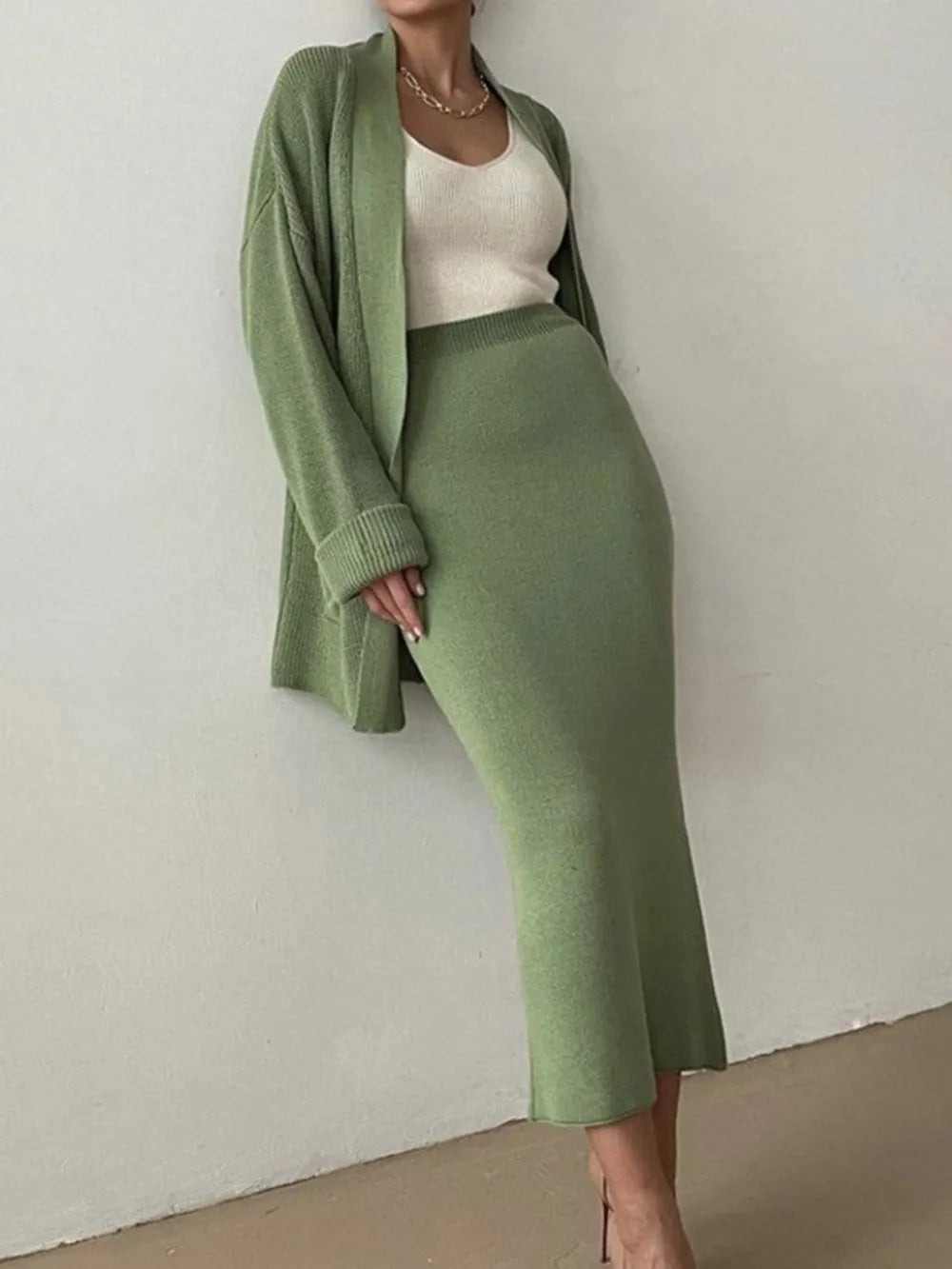 Pocketed Long Sleeve Cardigan and Skirt Sweater Set Easy Apparels