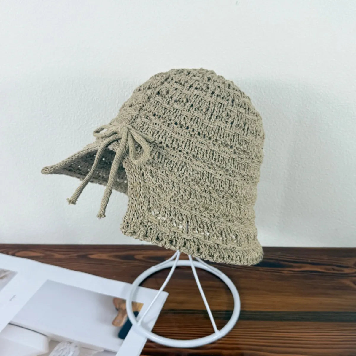 Crochet Bucket Hat with Drawstring Khaki One Size Easy Apparels