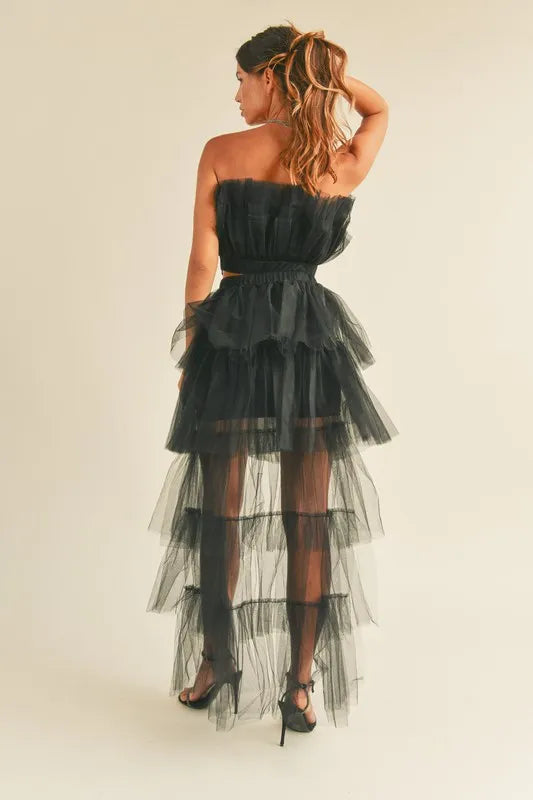 MABLE Tulle Tube Ruffle Crop Top and High Low Maxi Skirt Set Easy Apparels