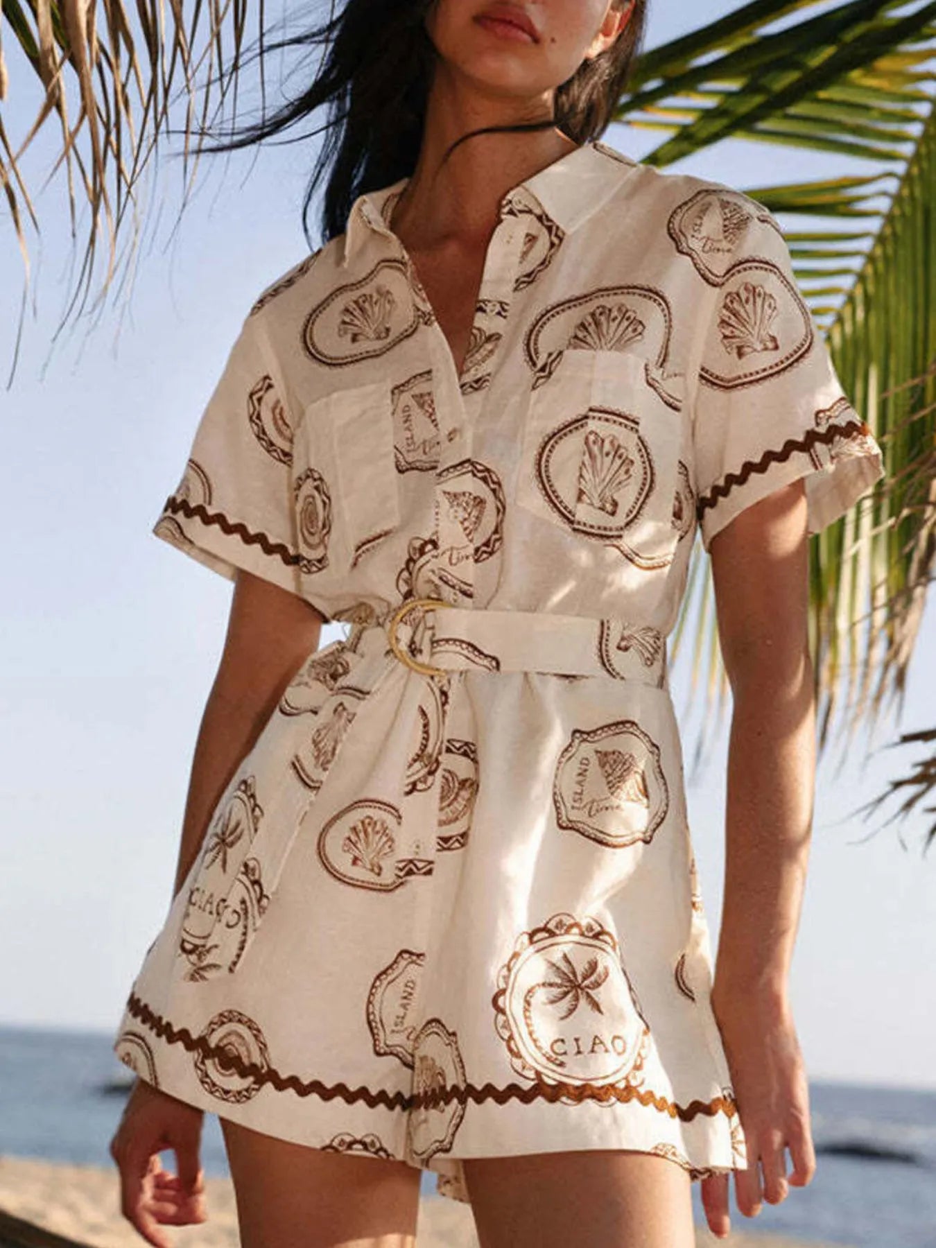 Printed Button-Up Half Sleeve Romper Easy Apparels