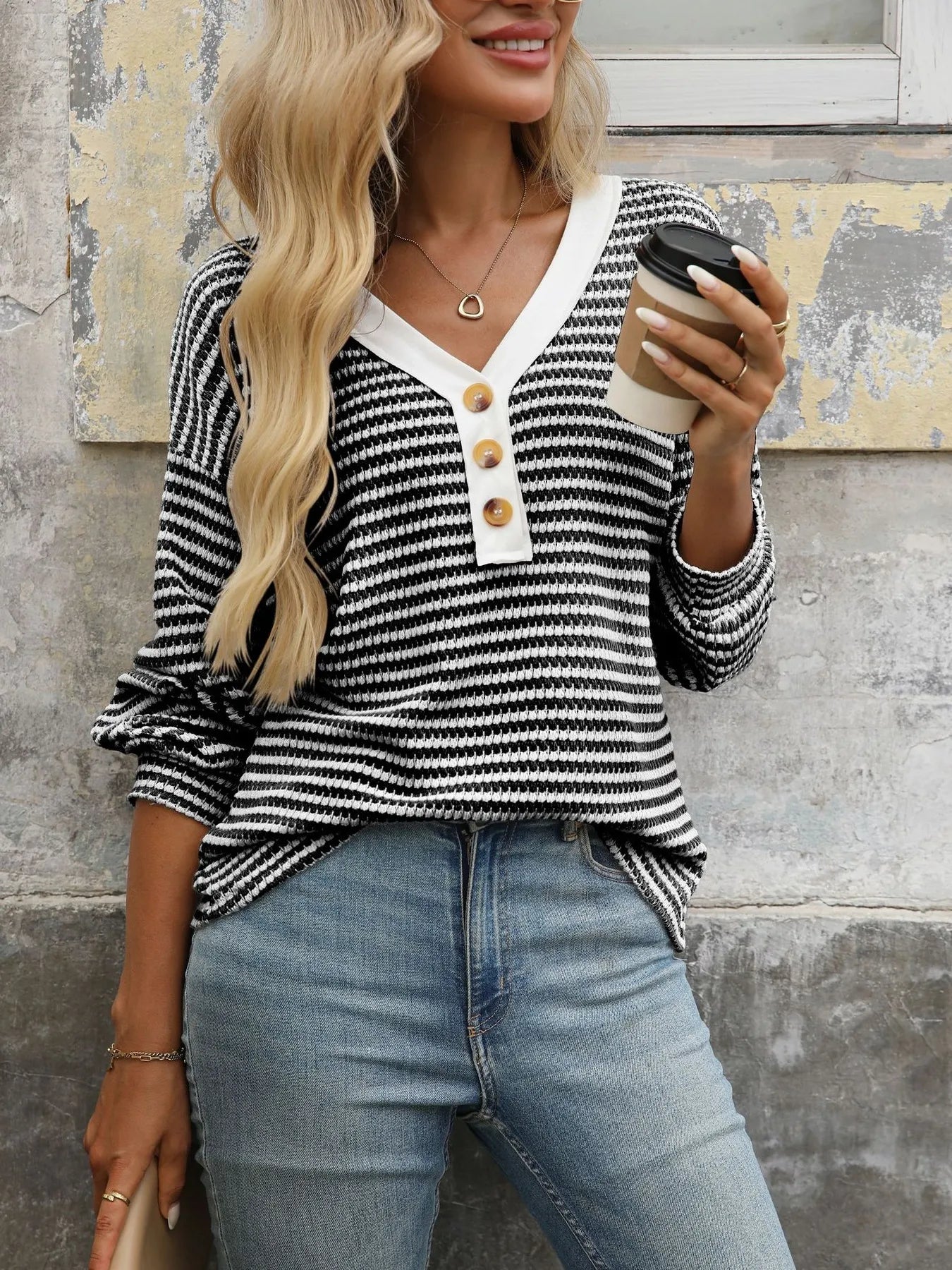 Trendsi Striped V-Neck Button Front Casual Top Black